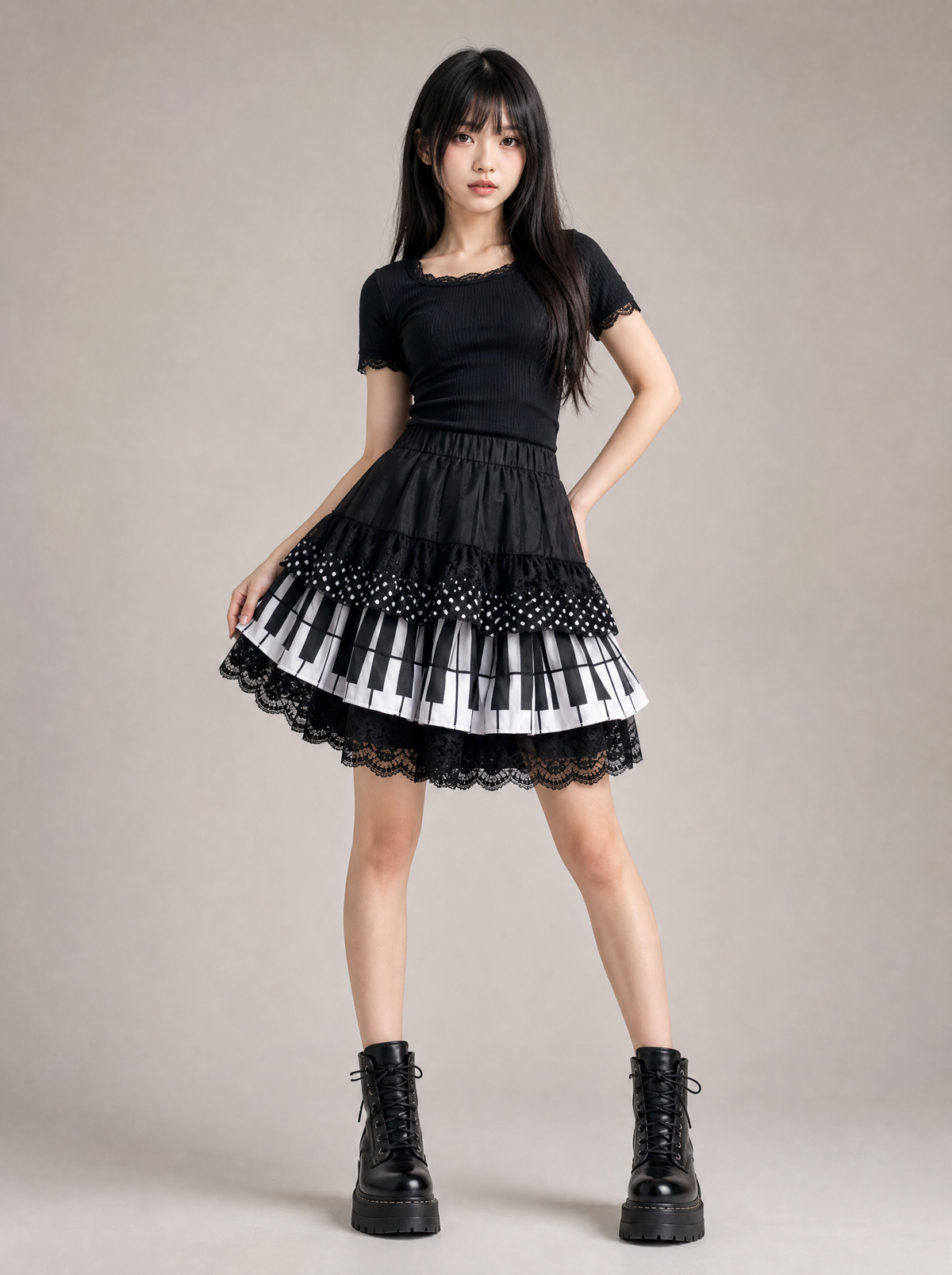 Piano Print Cake Skirt worn by model
