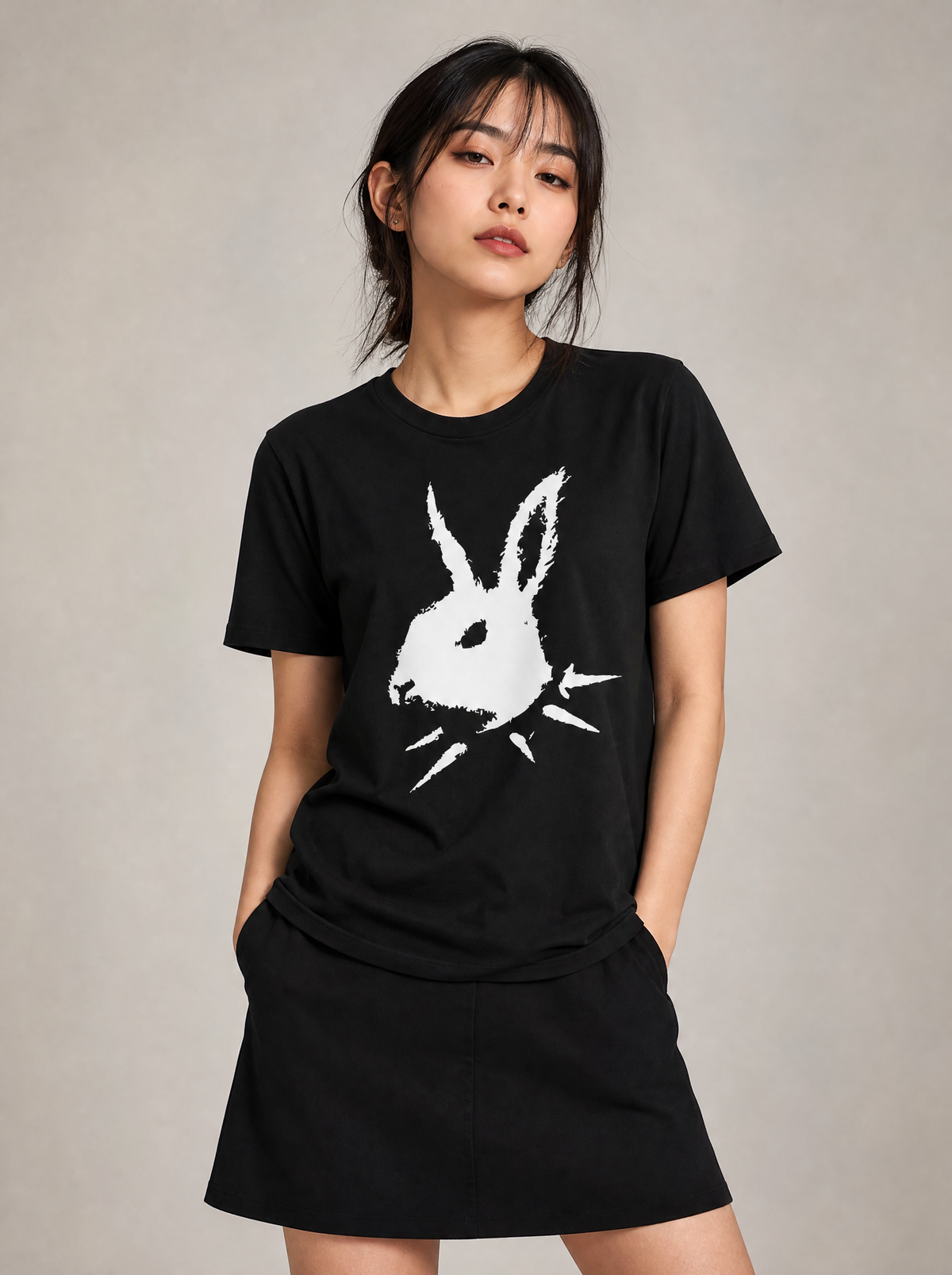 Worn by a Japanese female model: Bunny Skull Creepy Cat Goth T-Shirt