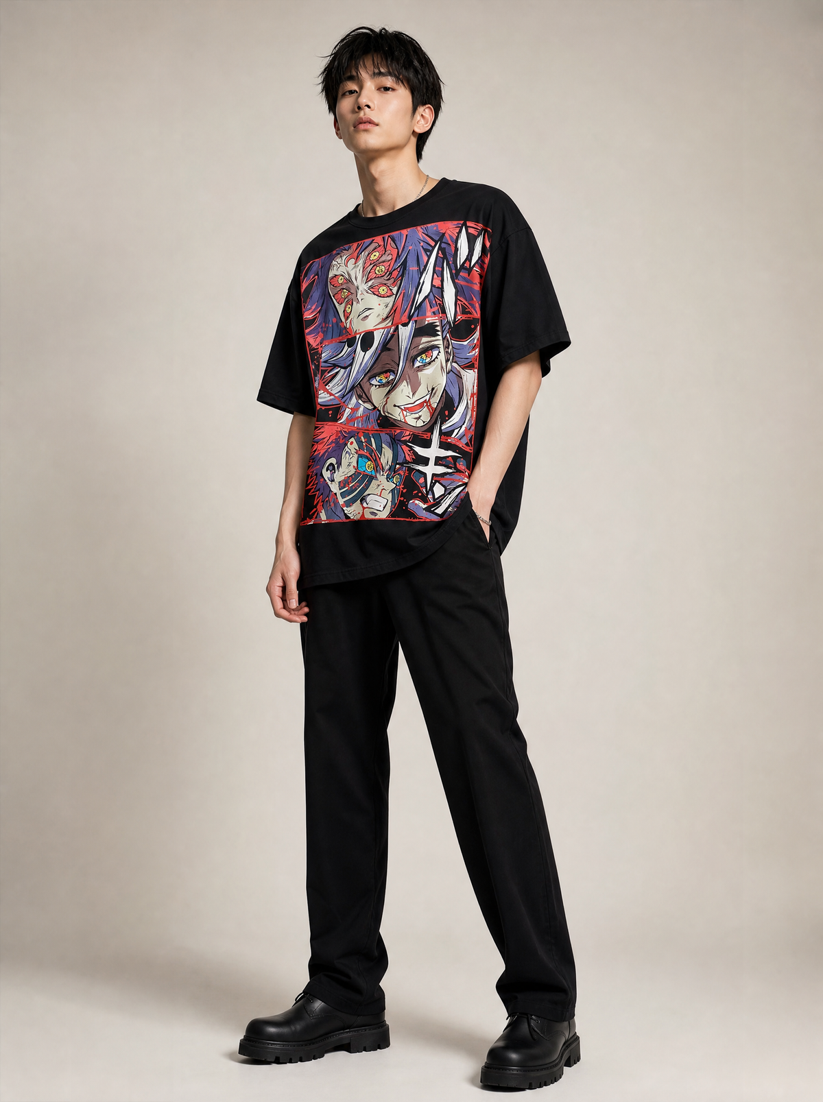 Worn by a Japanese male model: Demon Slayer Oversized Graphic Tee