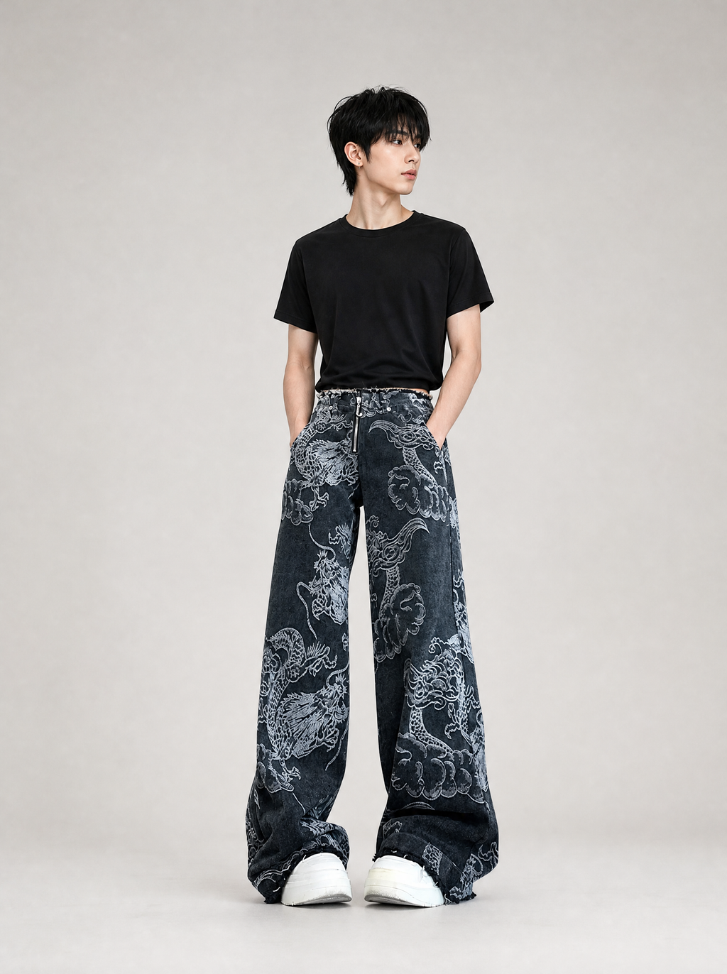 Worn by a Japanese male model: Gothic Dragon Print Baggy Jeans