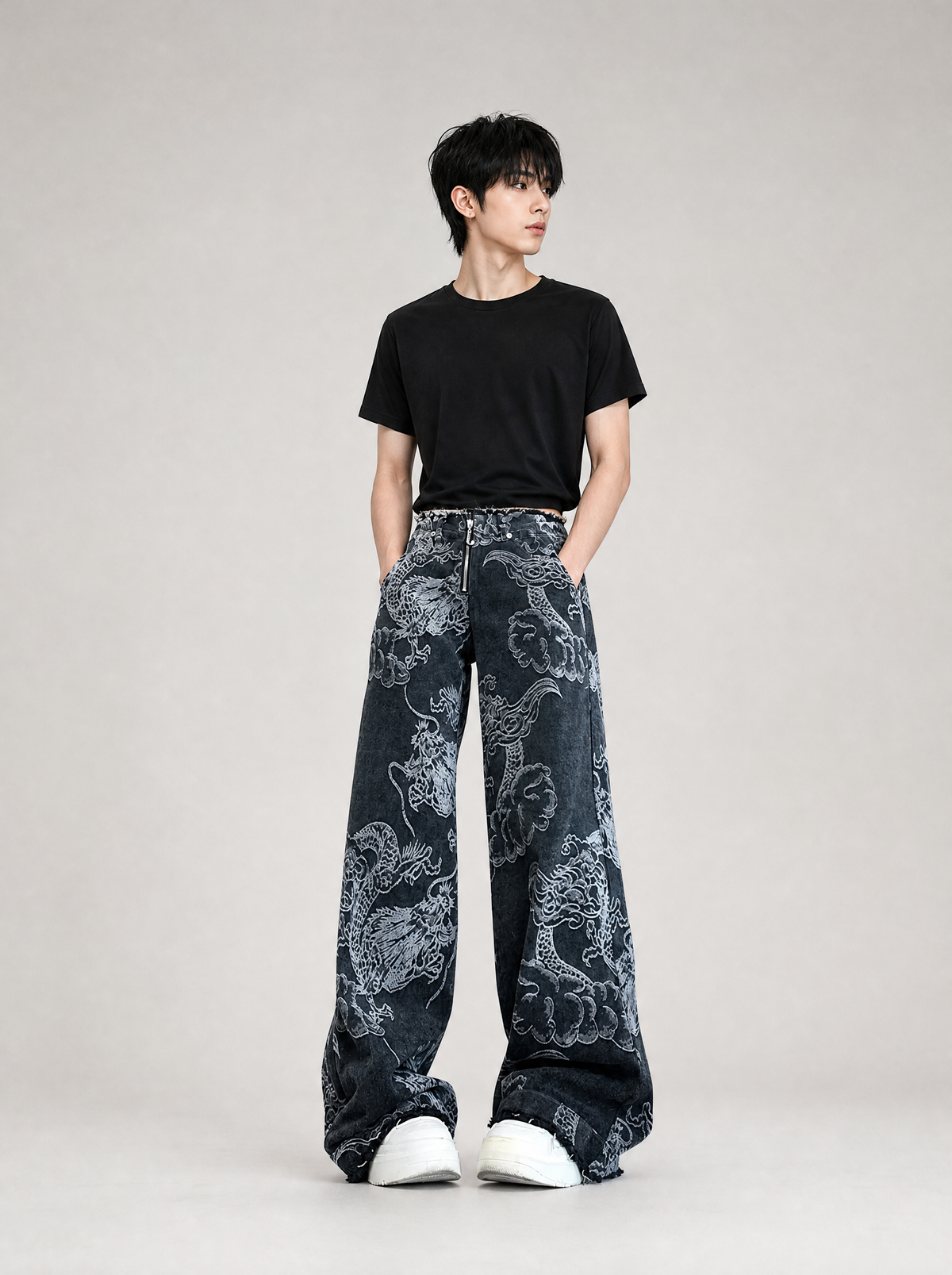 Worn by a Japanese male model: Gothic Dragon Print Baggy Jeans