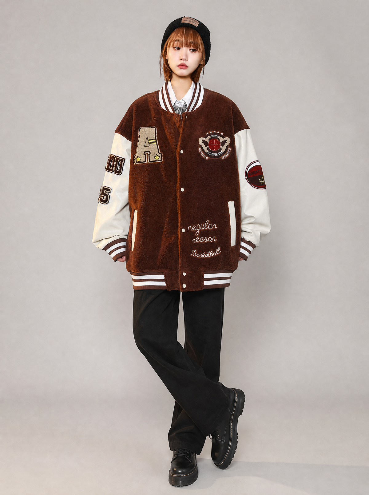 Worn by a Japanese female model: Women's Pilot Varsity Jacket