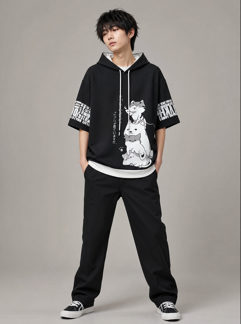 Worn by a Japanese male model: Men's Summer Cartoon Hoodie
