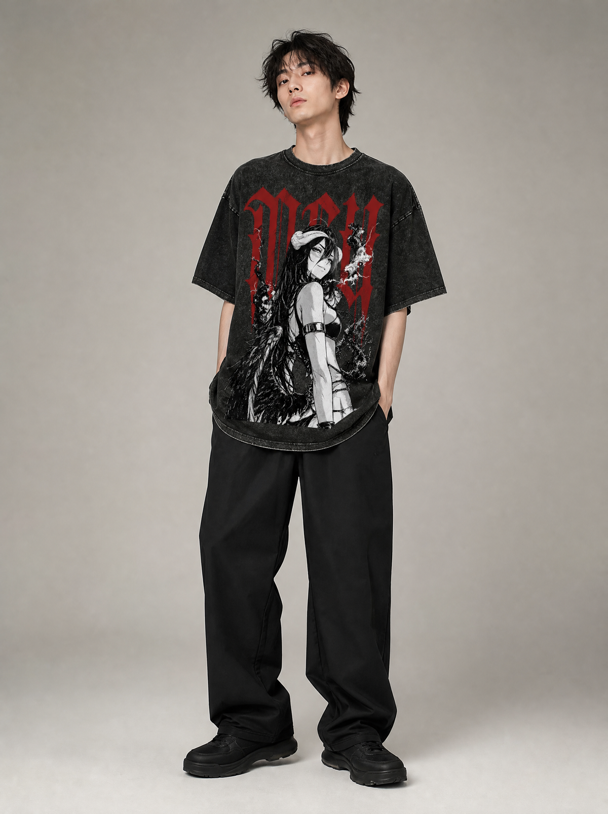 Worn by a Japanese male model: Albedo Overlord Vintage Washed Tee