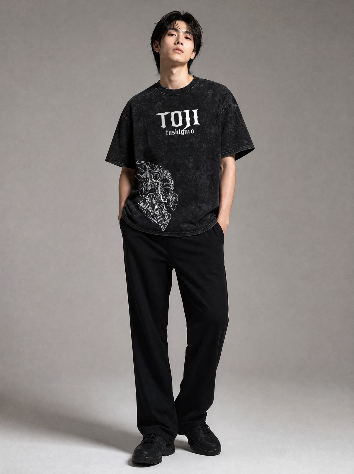 Worn by a Japanese male model: Dark Manga Pattern T-Shirt