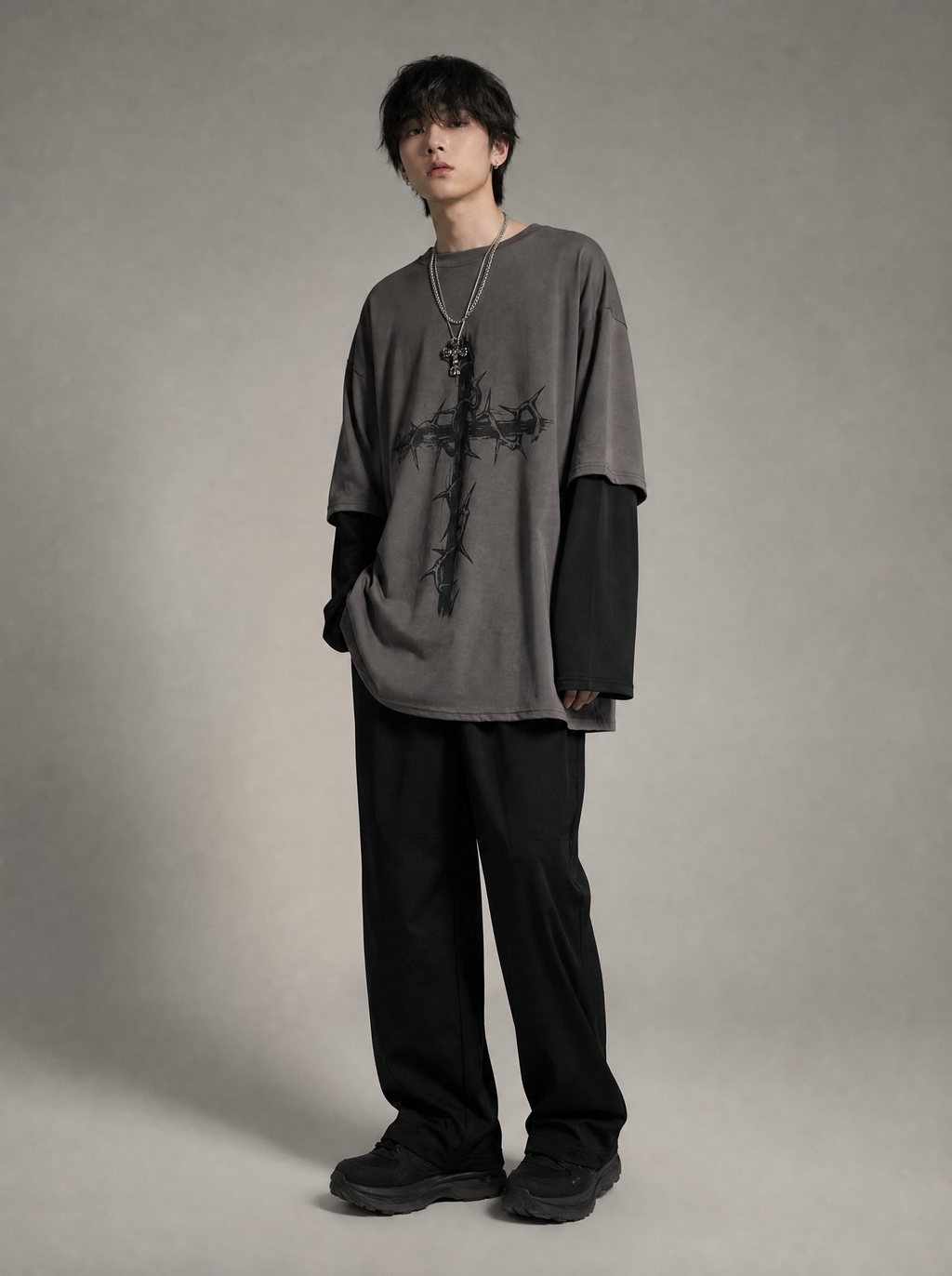 Worn by a Japanese male model: Gothic Punk Long Sleeve Oversized T-shirt