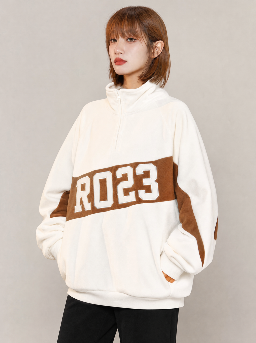 Worn by a Japanese female model: Women's RD23 Quarter Zip Up Sweatshirt