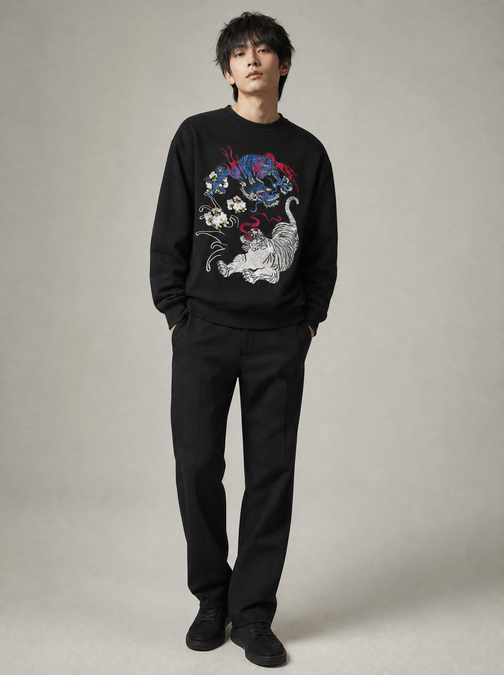 Worn by a Japanese male model: SW9977 War of Beasts Embroidered Sweater