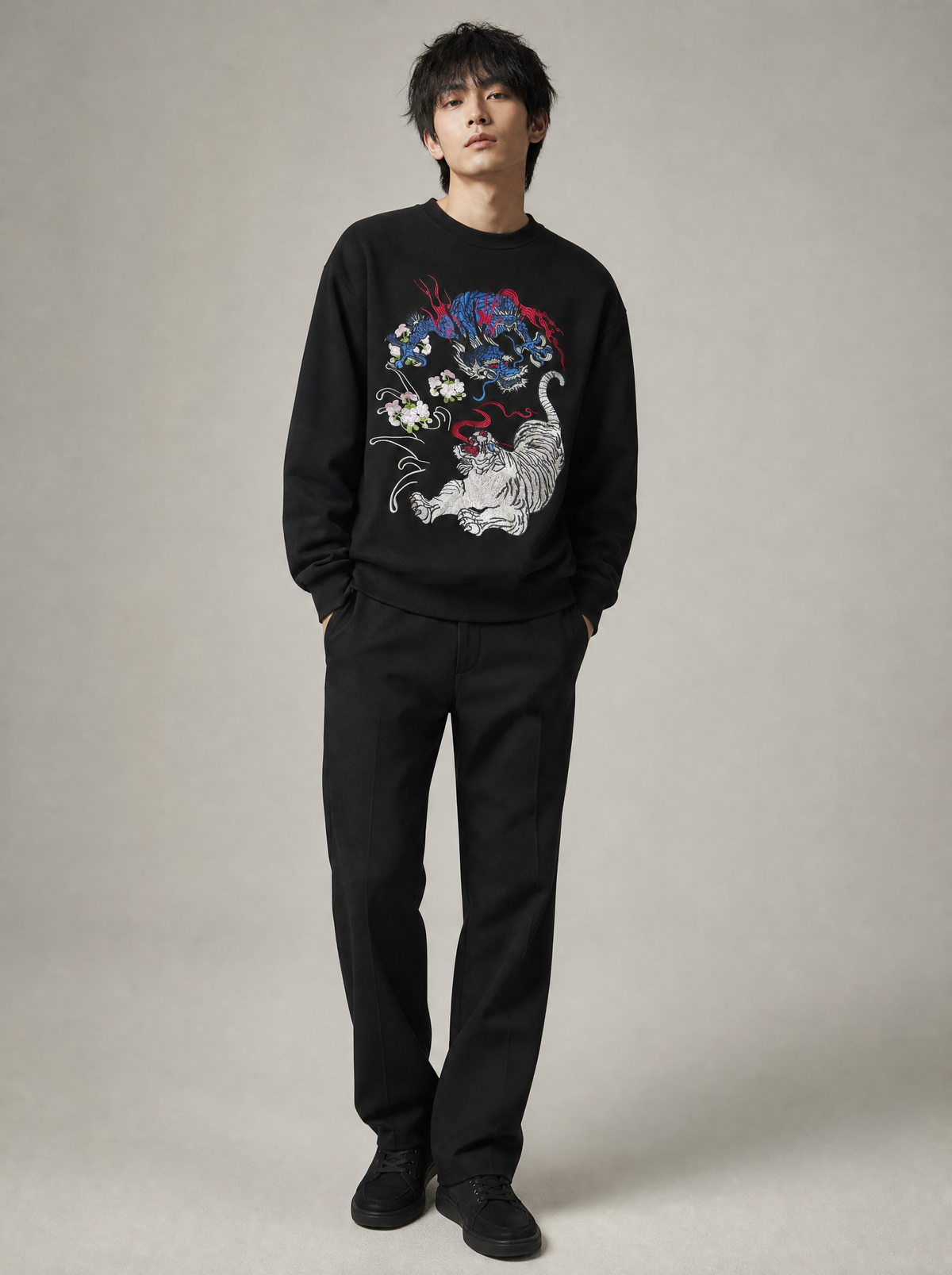 Worn by a Japanese male model: SW9977 War of Beasts Embroidered Sweater