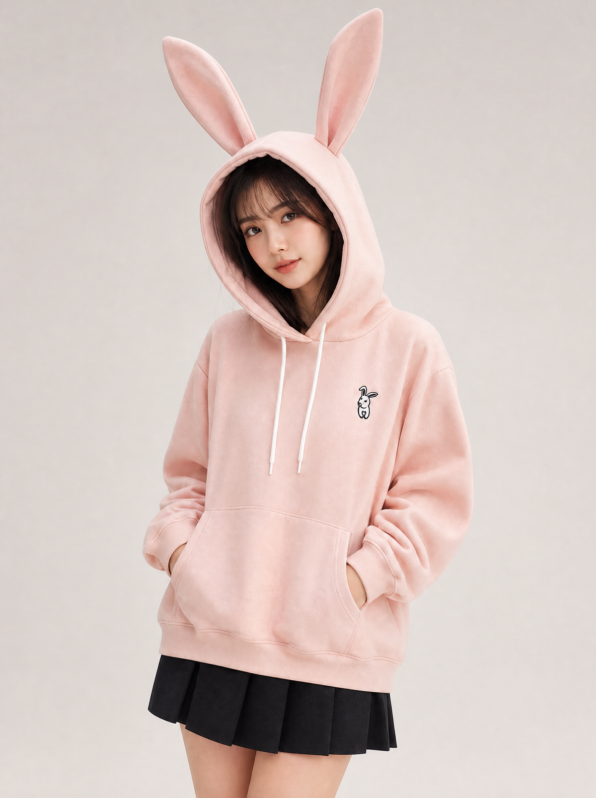 Worn by a Japanese female model: Women's Kawaii Rabbit Hoodie