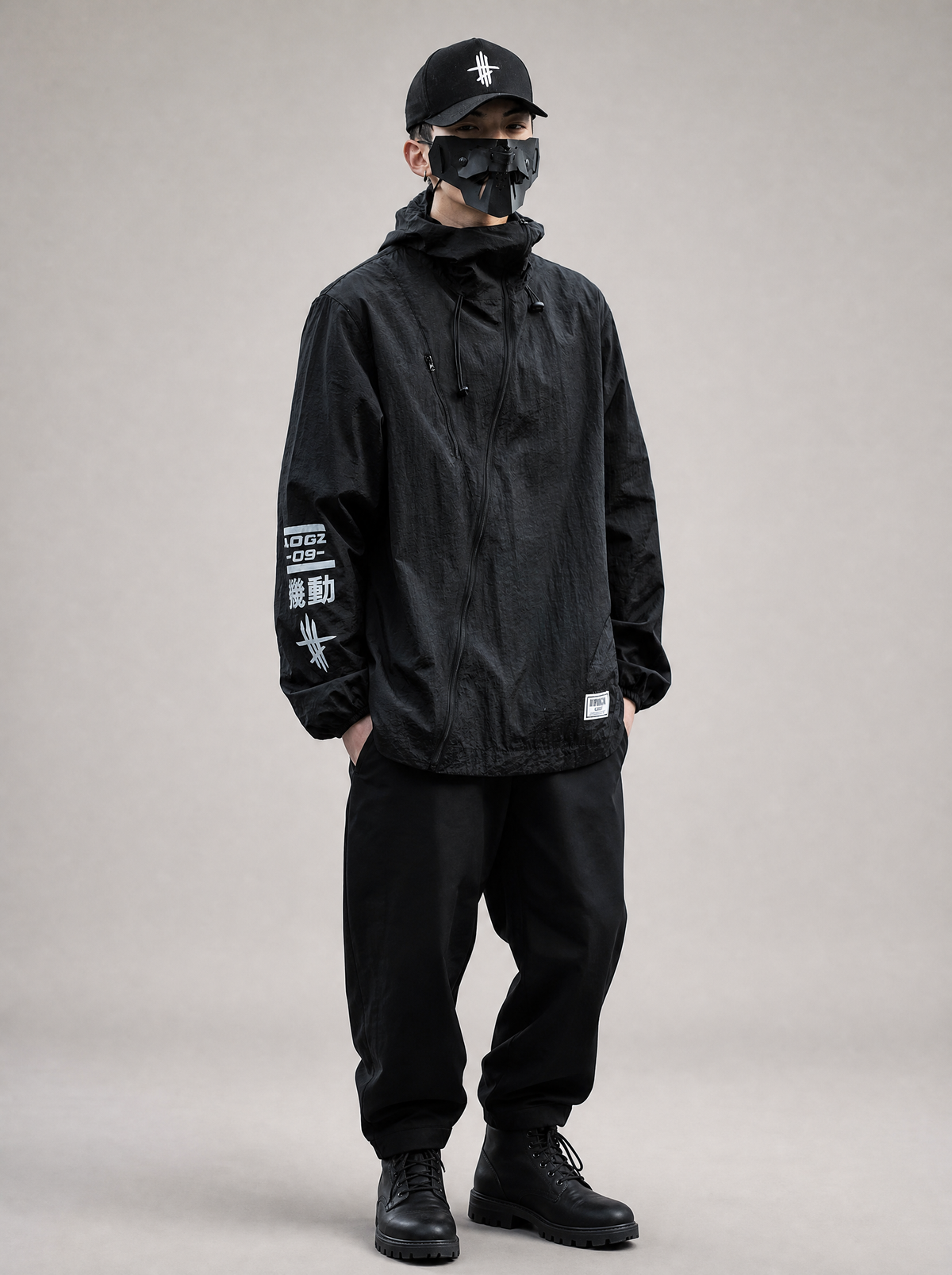 Worn by a Japanese male model: DuskJ4 Scar 09 Windbreaker