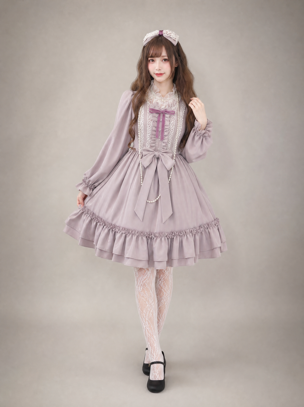 Worn by a Japanese female model: Women's Lavender Lolita Dress