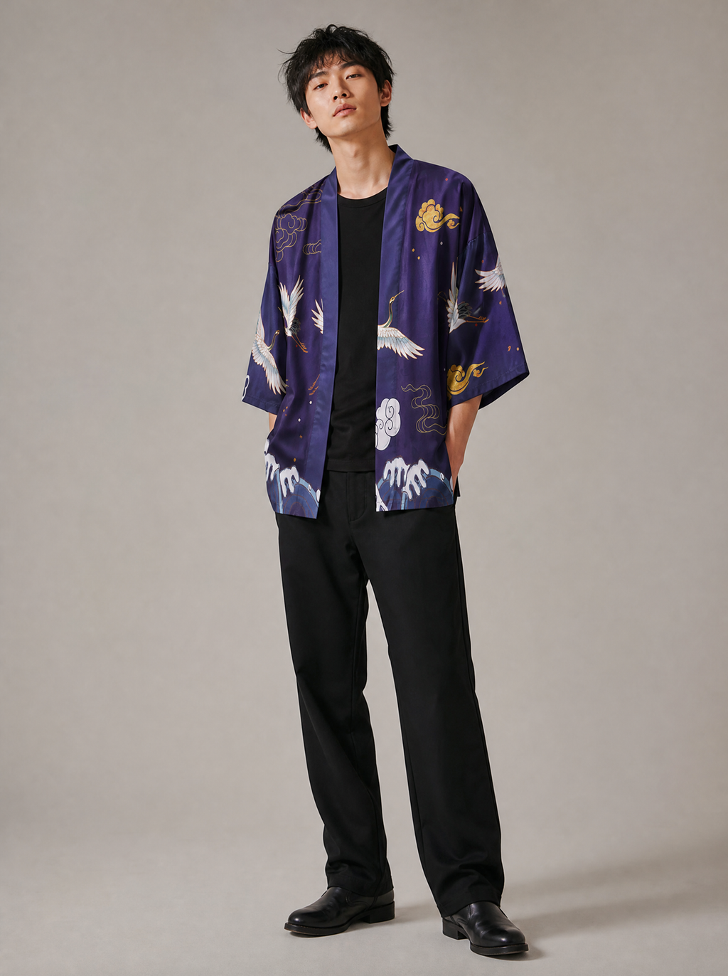 Worn by a Japanese male model: YC6316 Purple Cranes Kimono
