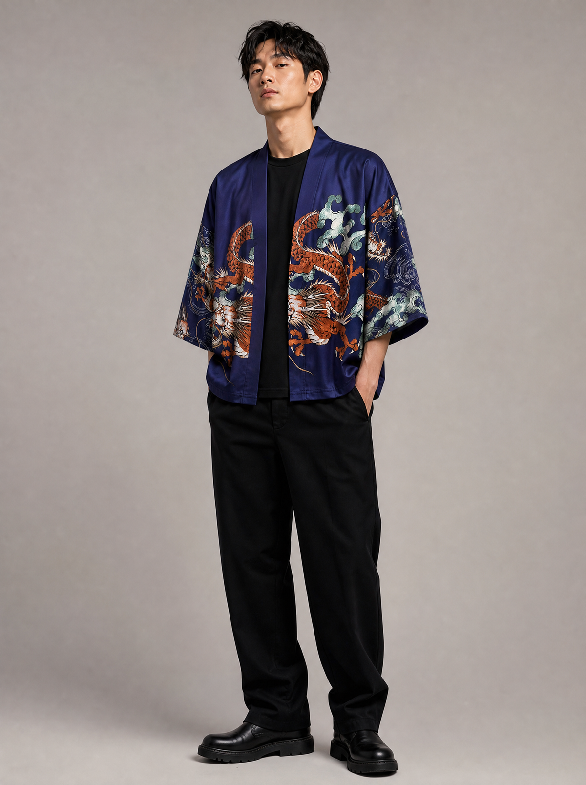 Worn by a Japanese male model: YC6317 Legendary Dragon Kimono