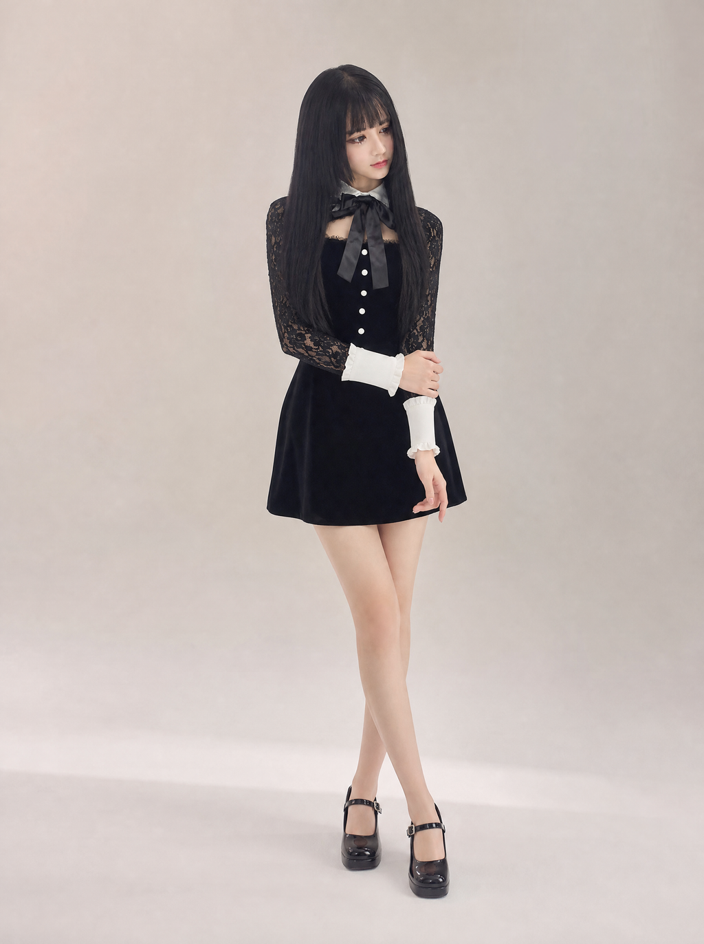 Worn by a Japanese female model: Lolita Hollow Lace Dress