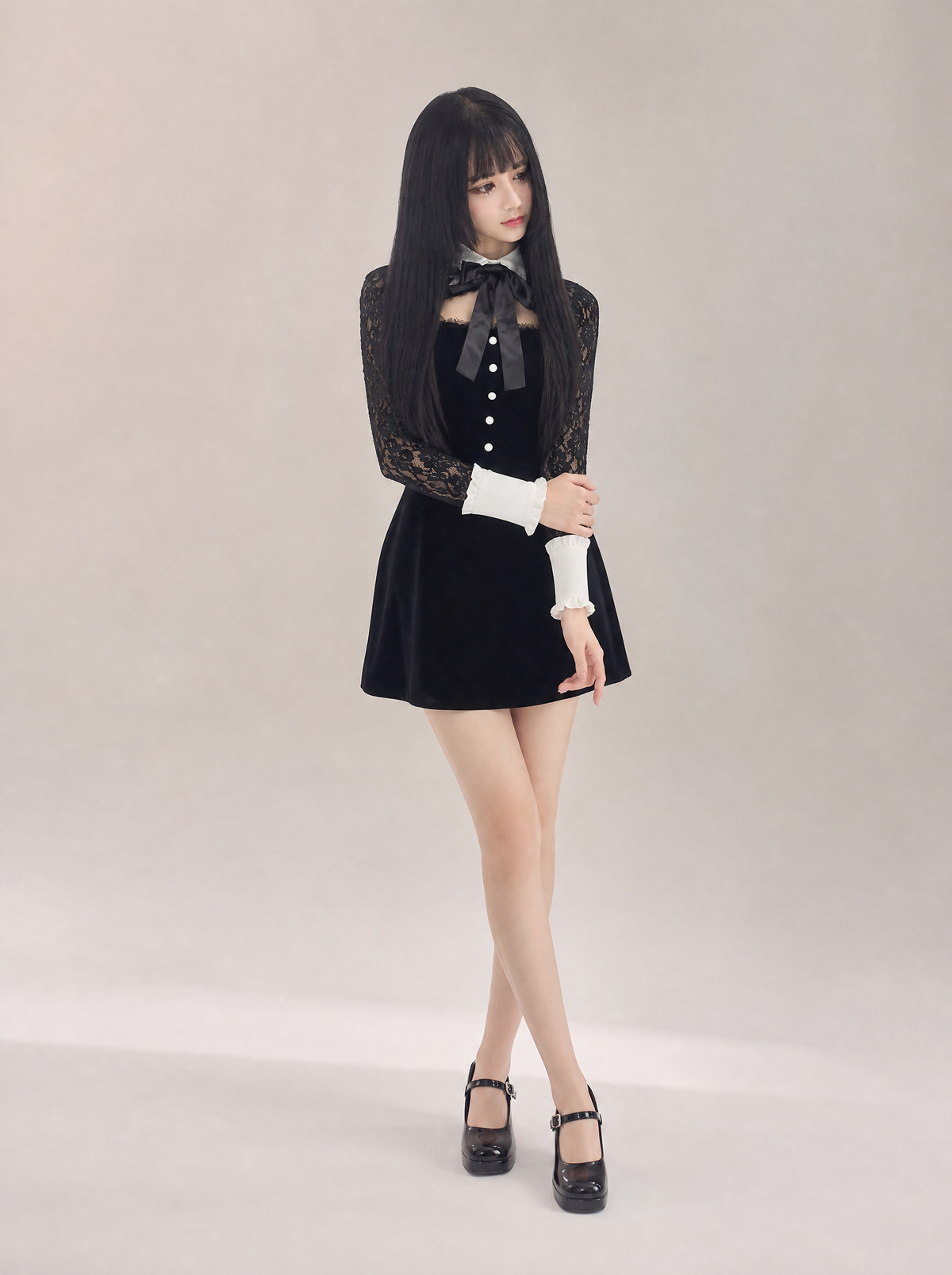 Worn by a Japanese female model: Lolita Hollow Lace Dress
