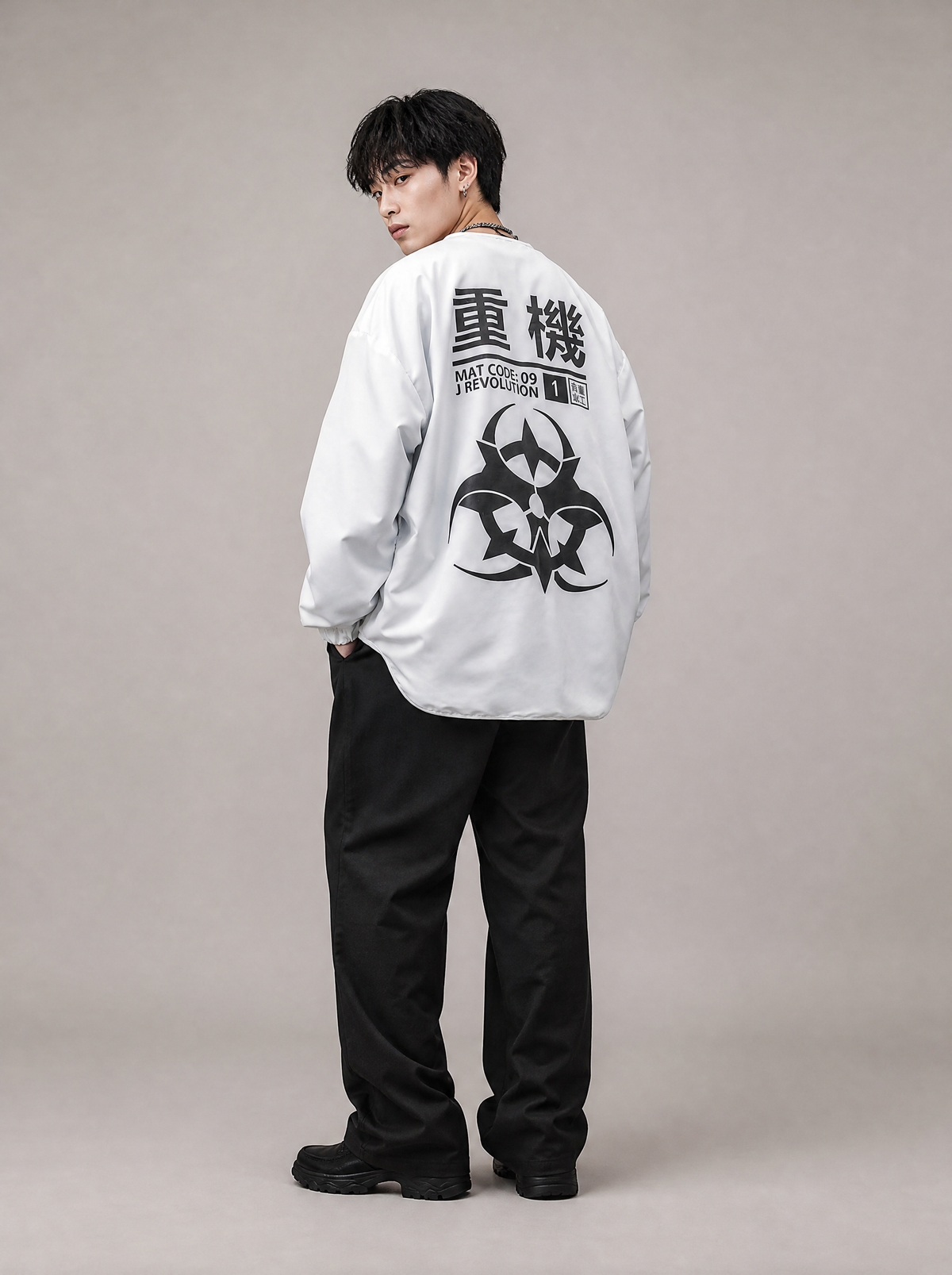 Worn by a Japanese male model: HiJ12 Atom Bomb Shirt
