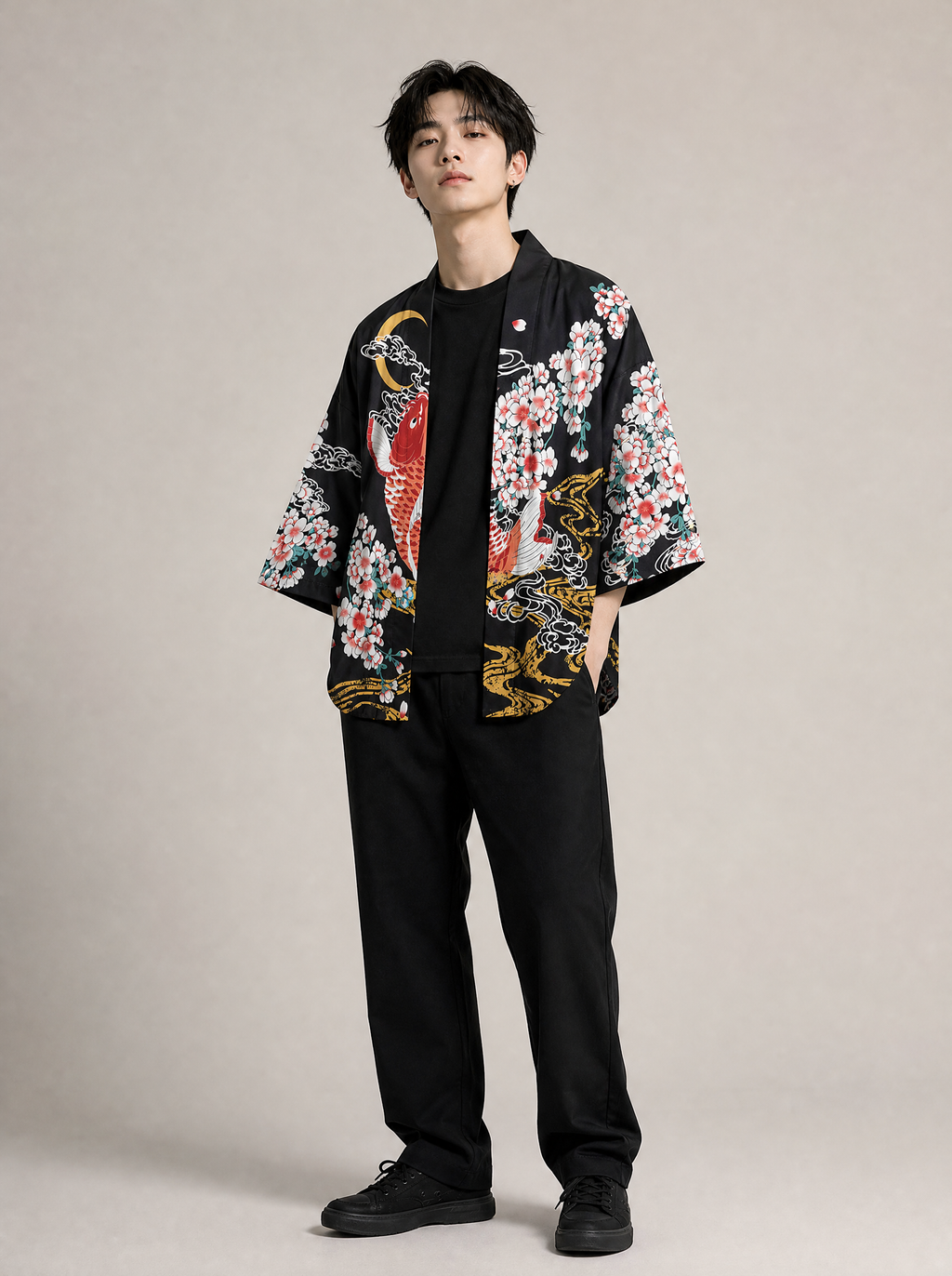 Worn by a Japanese male model: YC6007 Fish in Spring Kimono