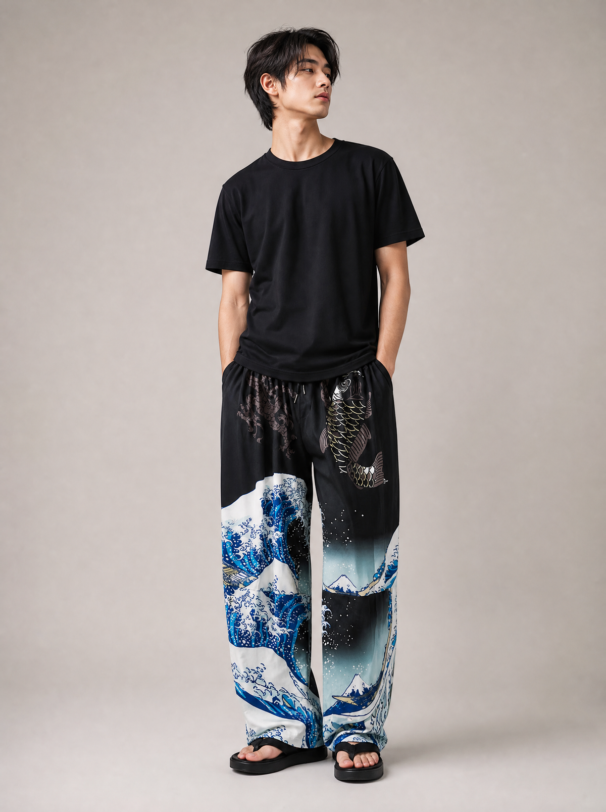 Worn by a Japanese male model: YC134 Great Waves Lightweight Pants