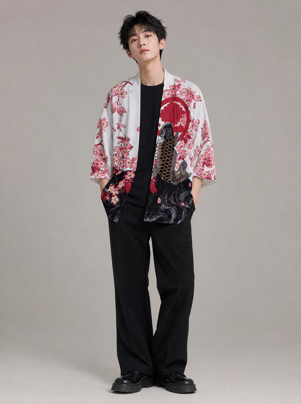 Worn by a Japanese male model: YC09 Fish in the Pond Kimono