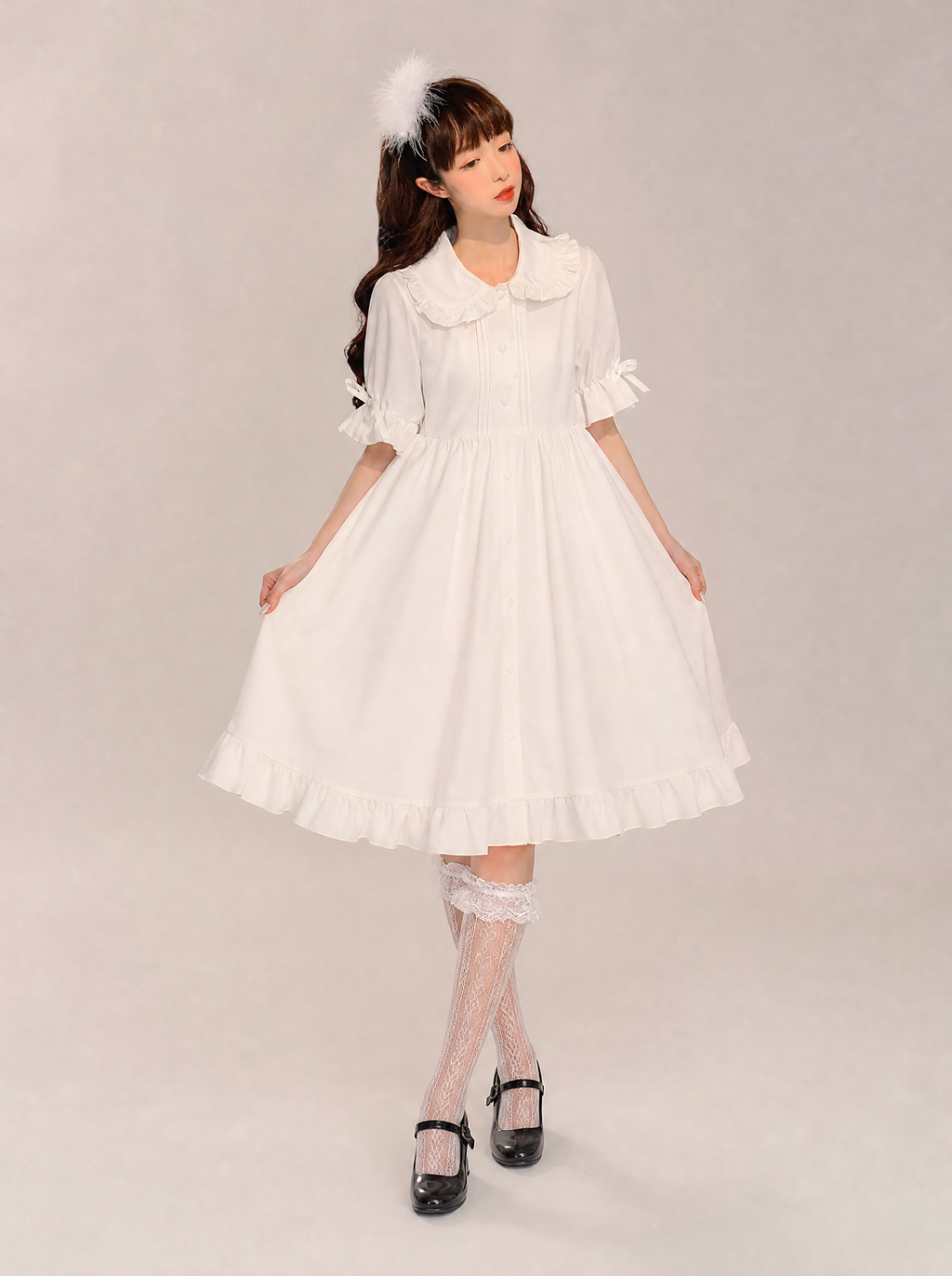 Worn by a Japanese female model: Kawaii Lolita Ruffle Dress
