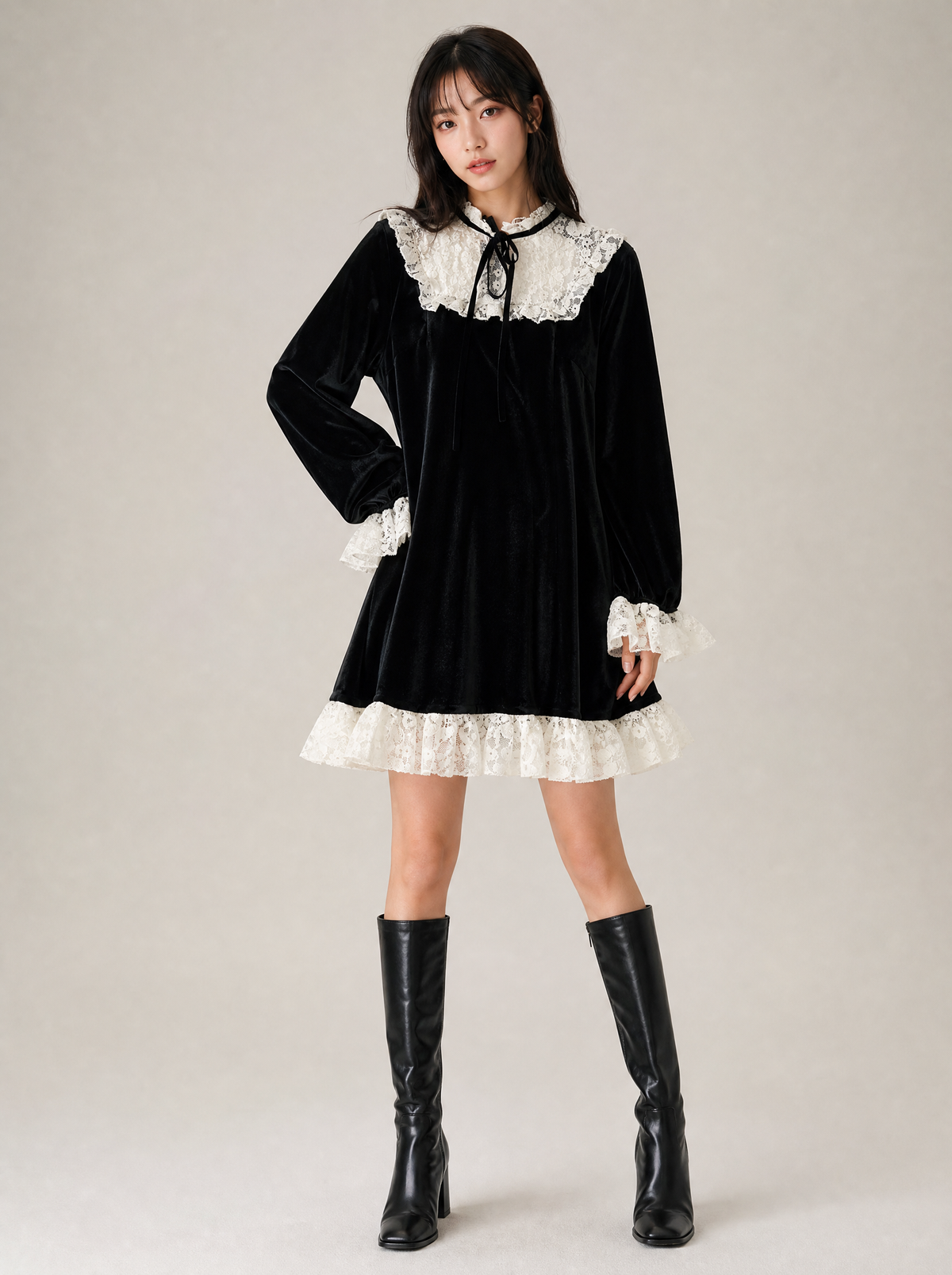 Worn by a Japanese female model: Velvet Turtleneck Dress