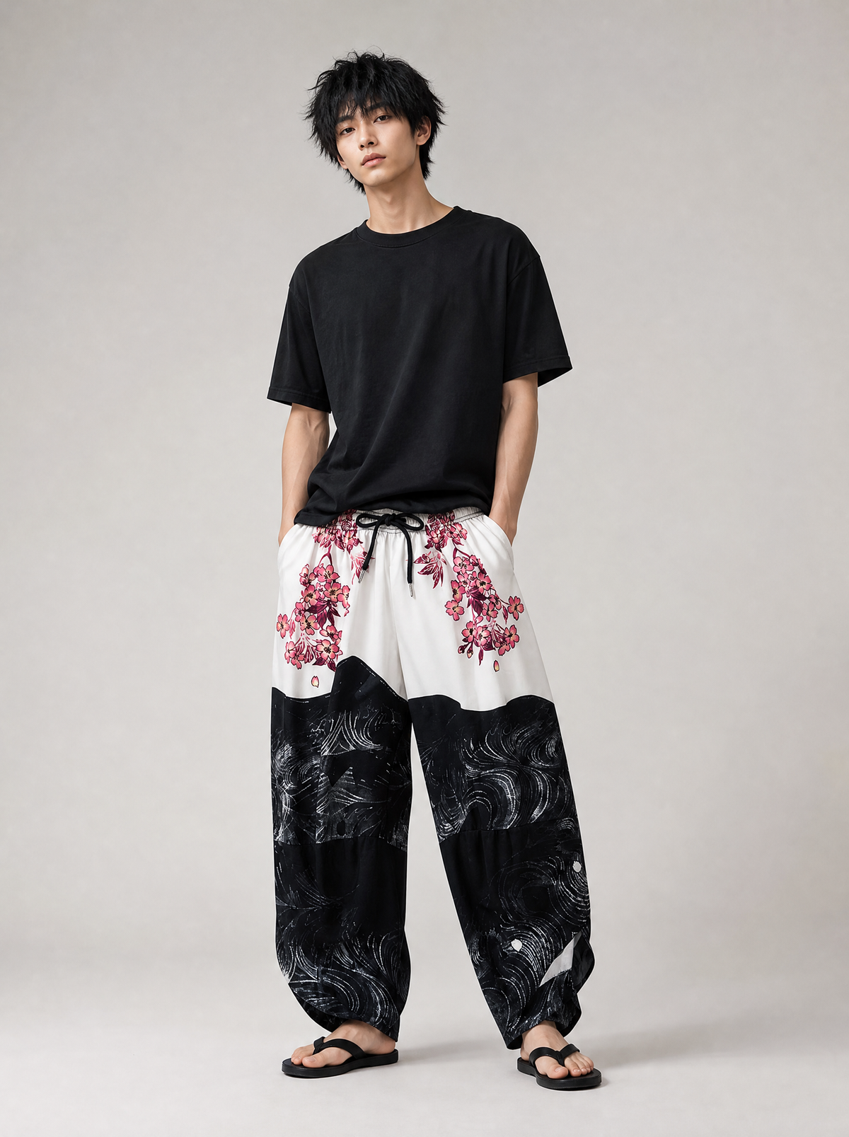 Worn by a Japanese male model: YC135 Pink Flowers Lightweight Pants