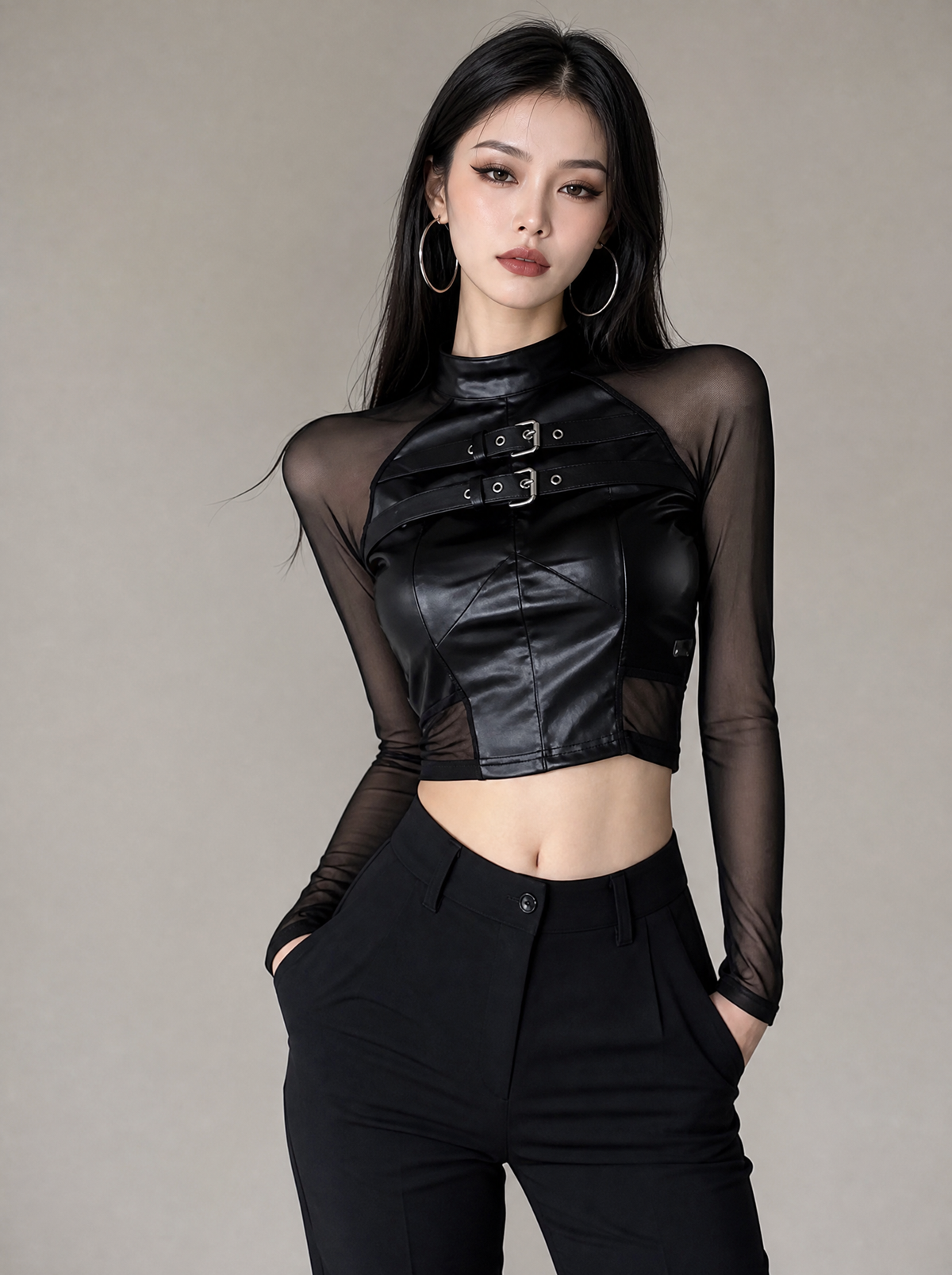 Worn by a Japanese female model: Faux Leather Mesh Crop Top