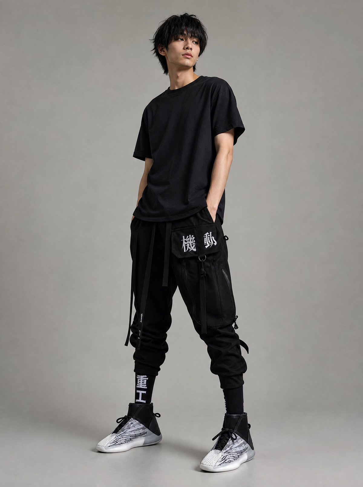 Worn by a Japanese male model: HiPants2 Shadow Cargo Pants