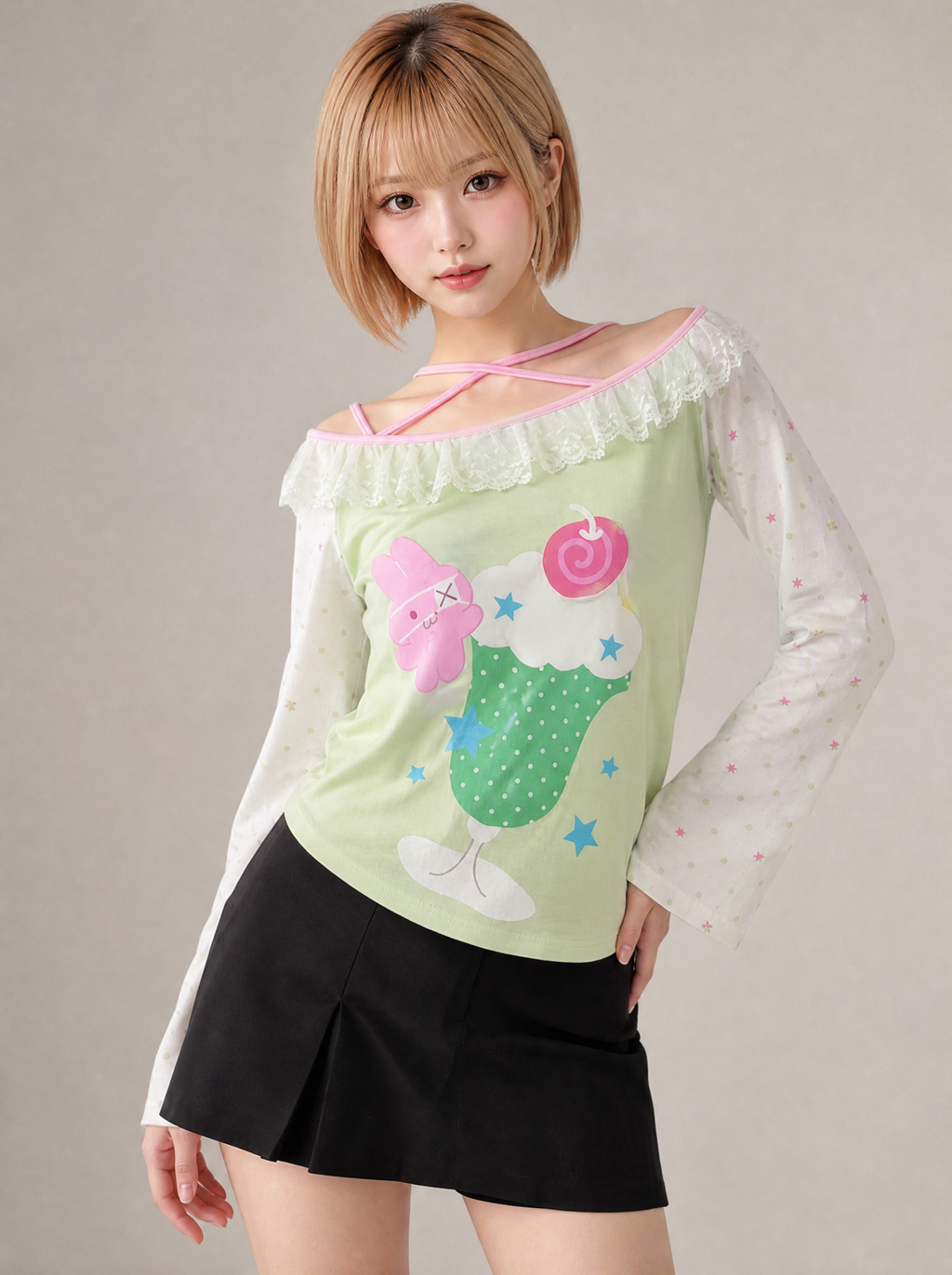 Worn by a Japanese female model: Y2K Kawaii Harajuku Lace Trim Top