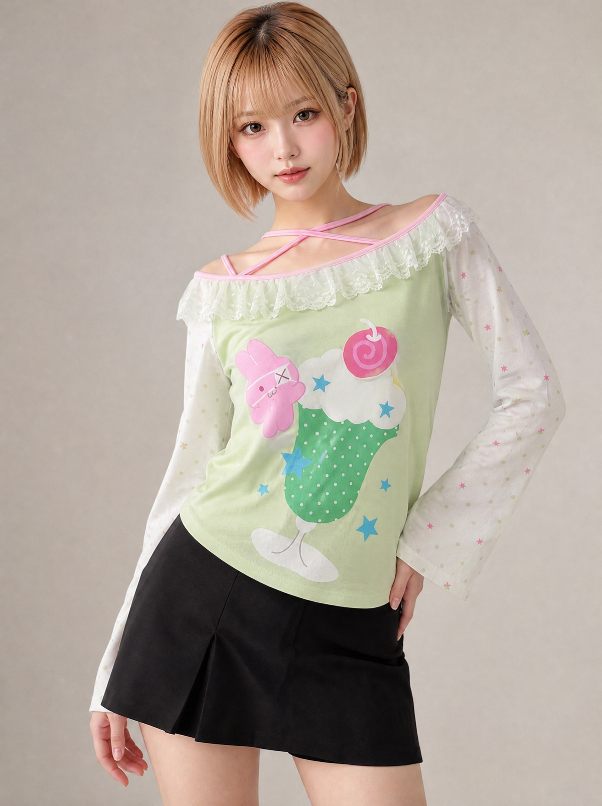 Worn by a Japanese female model: Y2K Kawaii Harajuku Lace Trim Top