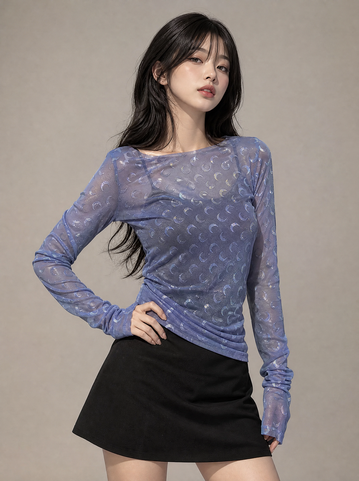 Worn by a Japanese female model: Moon Mesh Top