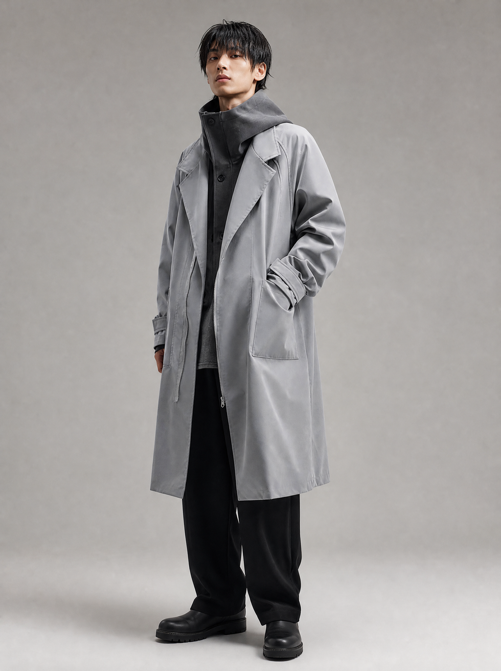 Worn by a Japanese male model: HiJ36 Grey Urban Trench Coat