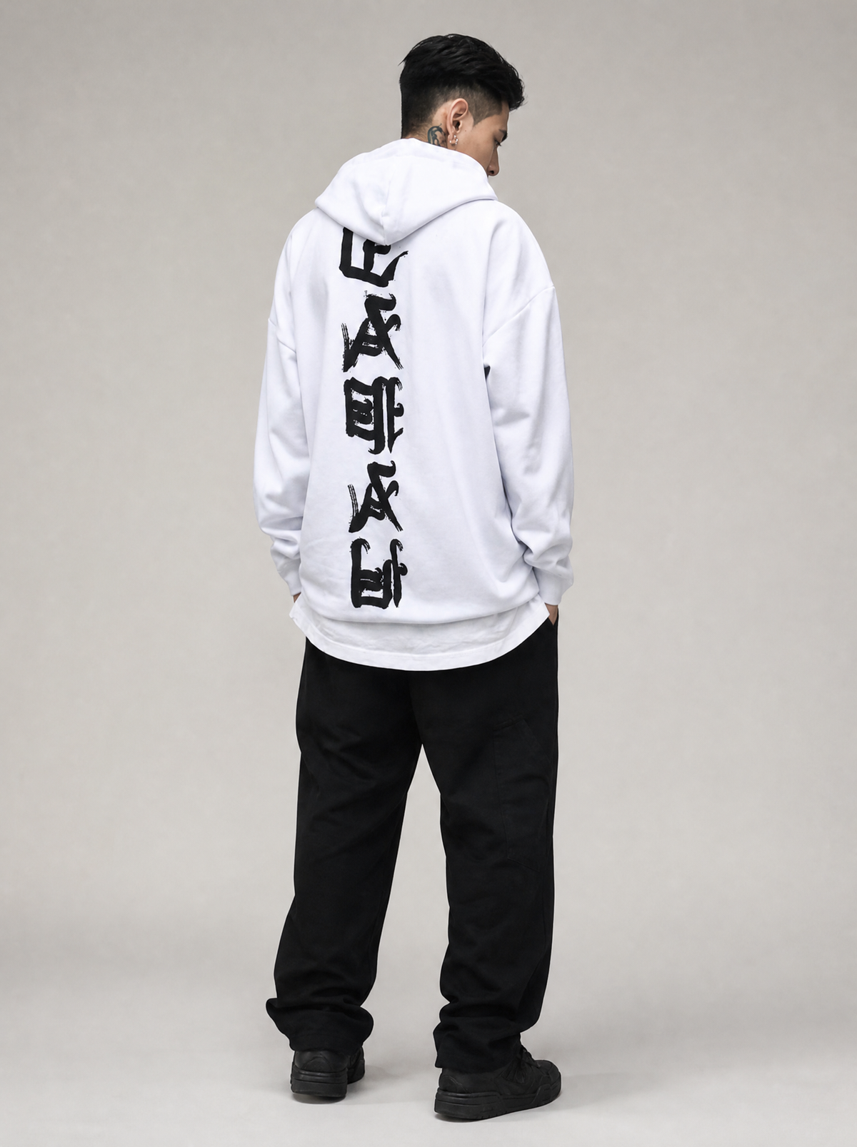 Worn by a Japanese male model: YEH3 White Spirit Rid Evil Hoodie