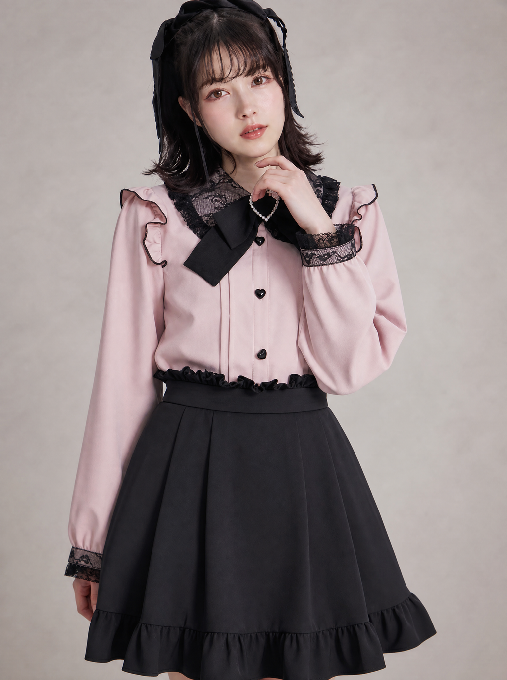 Worn by a Japanese female model: Lace Trim Bow Blouse