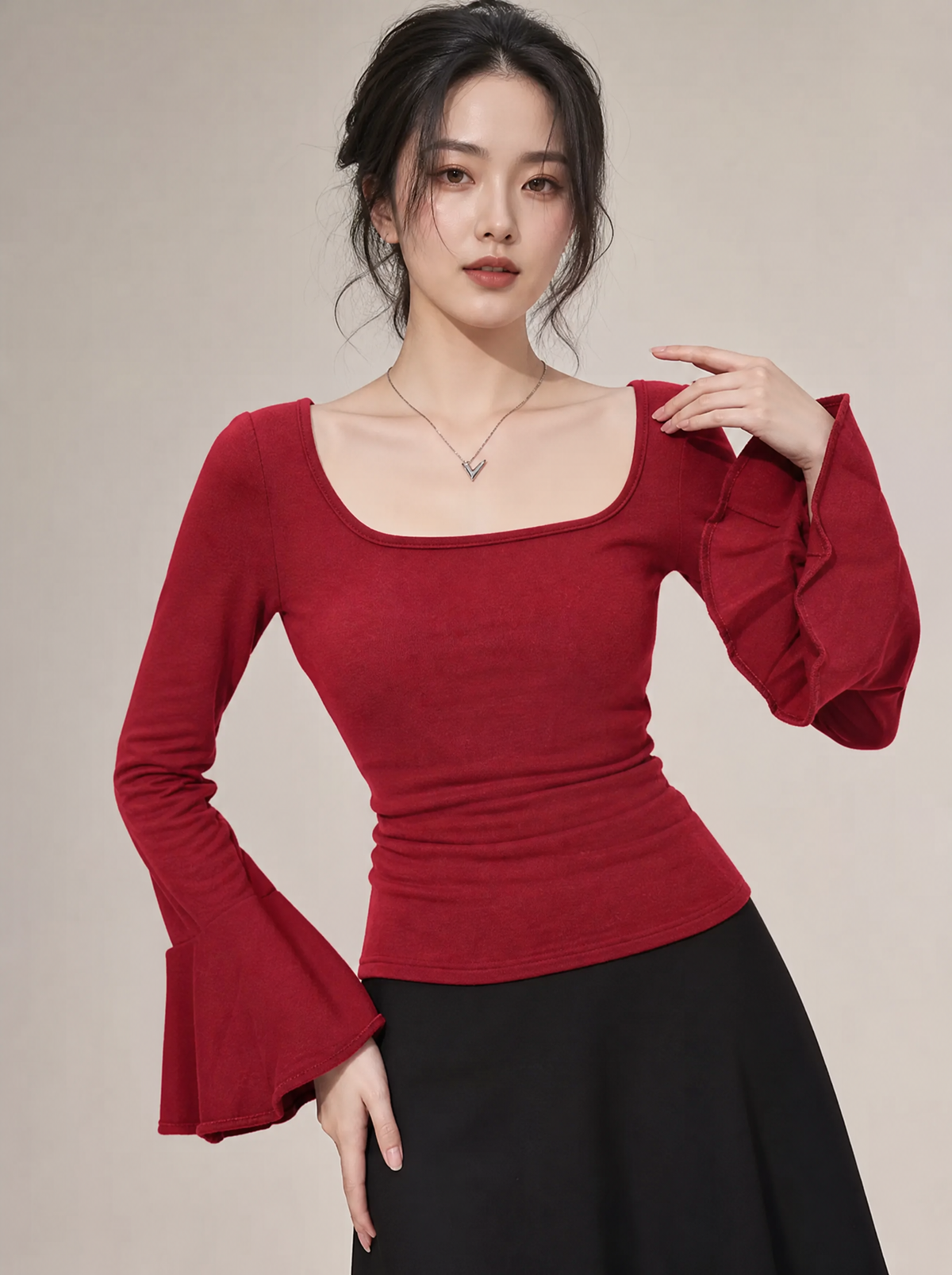Worn by a Japanese female model: Square Neck Flare Sleeve Top