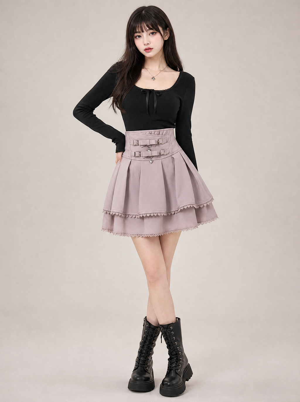 Worn by a Japanese female model: Harajuku Sweet Pink Bow Skirt