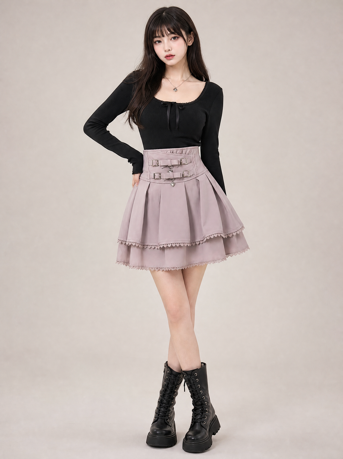 Worn by a Japanese female model: Harajuku Sweet Pink Bow Skirt