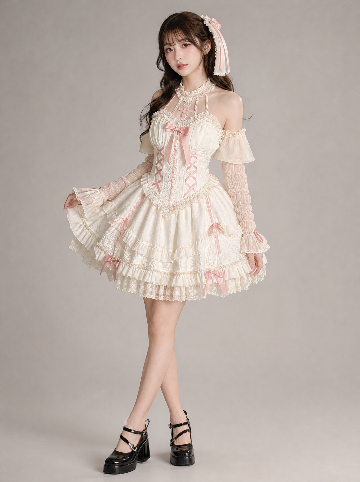 Worn by a Japanese female model: Harajuku Gothic Lolita Halter Dress