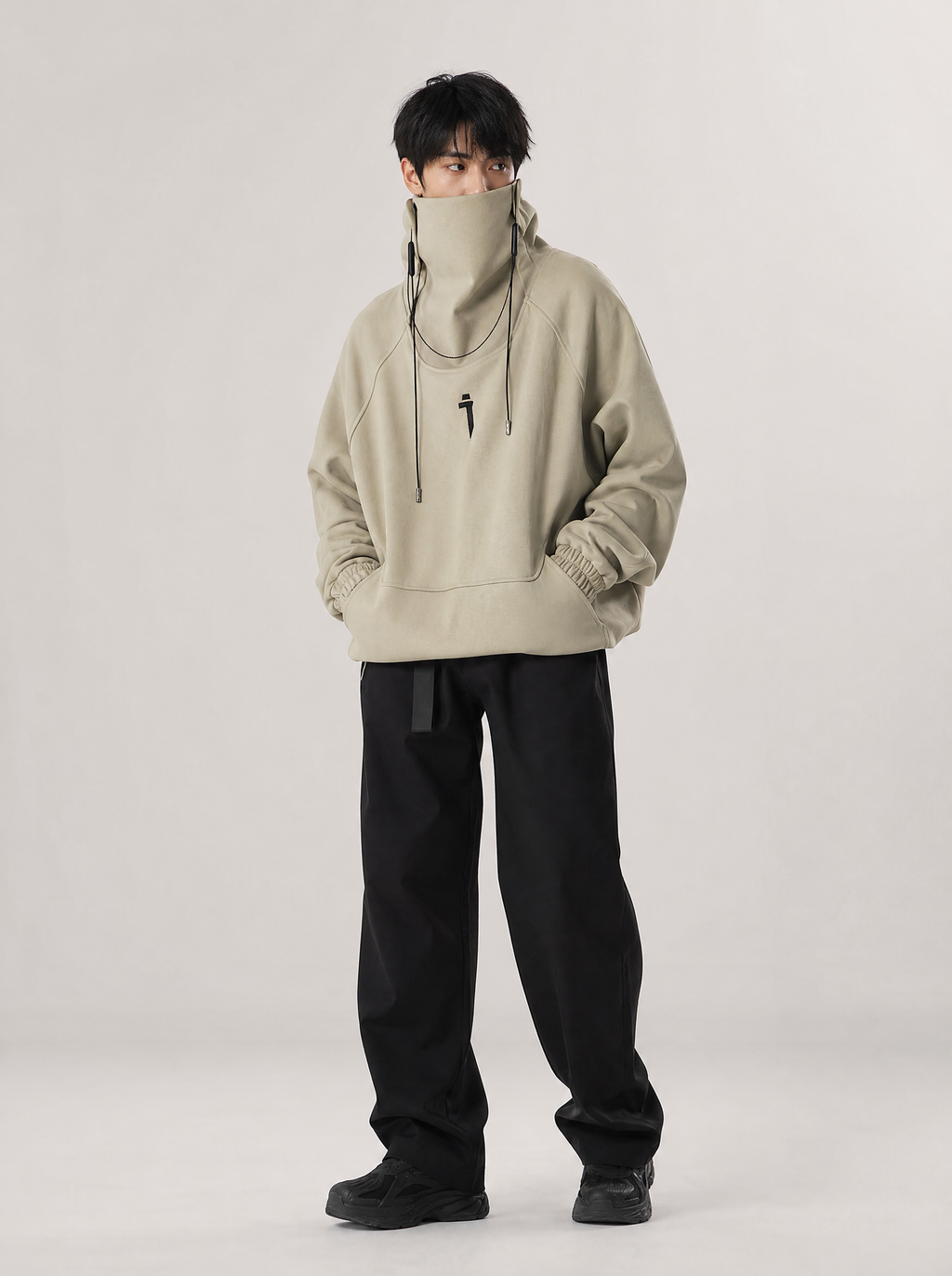 Worn by a Japanese male model: HiH49 Precision High Neck Olive Sweater