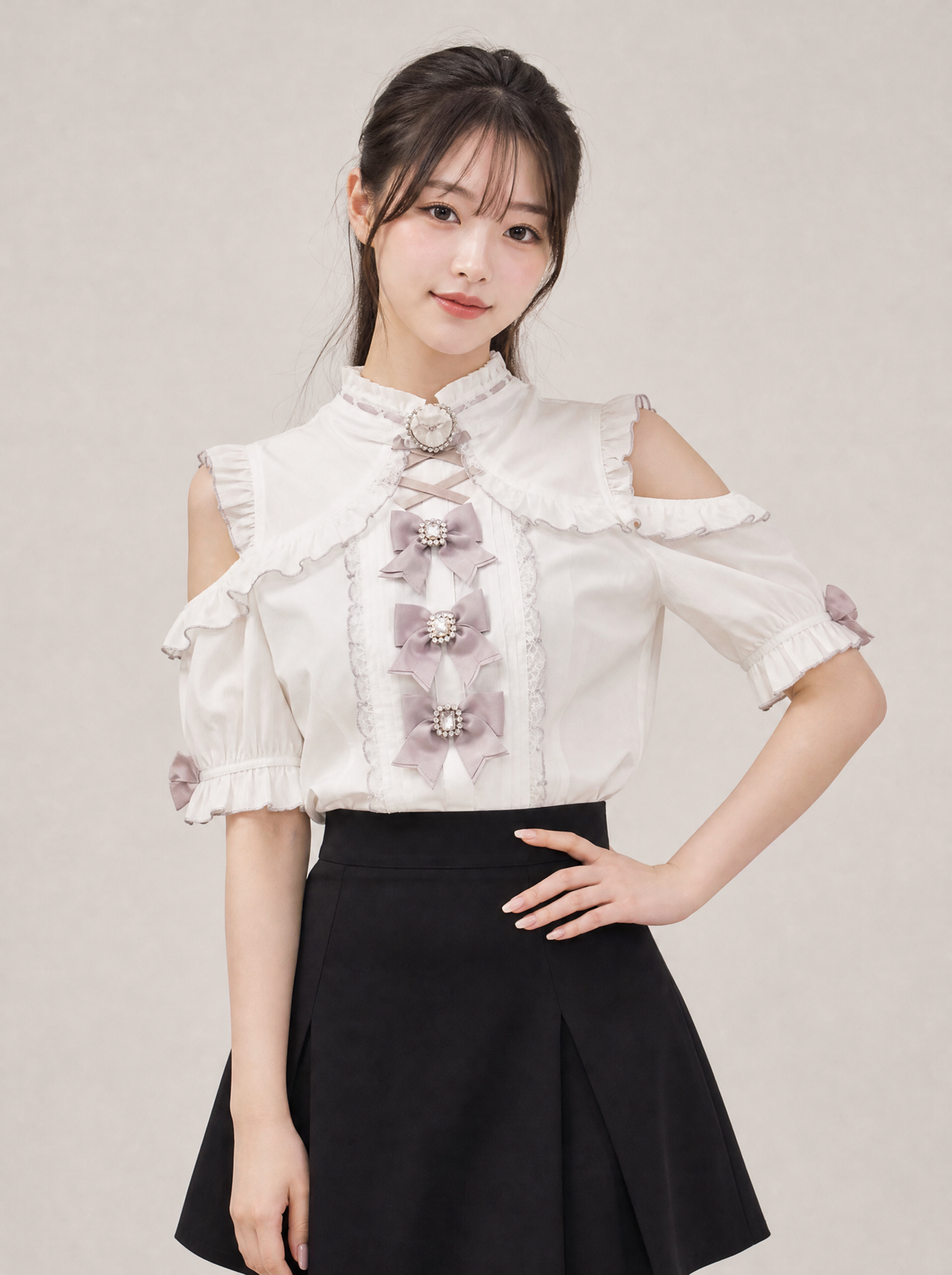 Worn by a Japanese female model: Kawaii Lace Patchwork Blouse