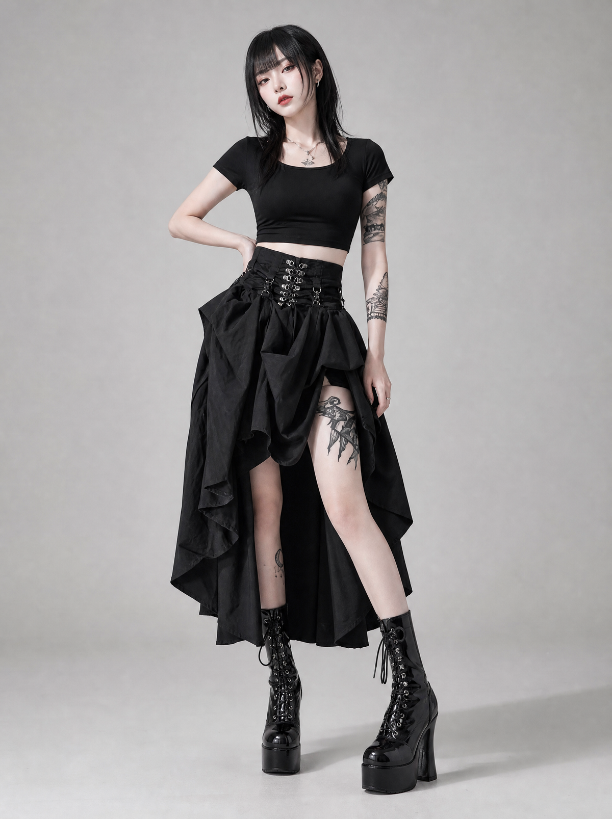 Worn by a Japanese female model: Gothic High Waist Ruffle Skirt