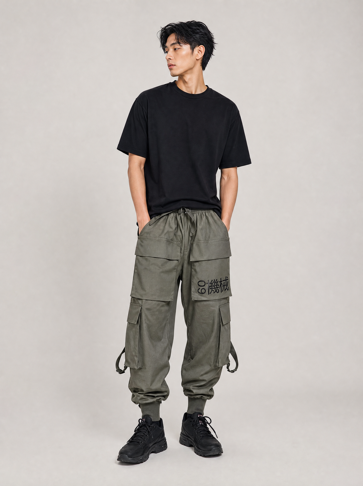 Worn by a Japanese male model: HiP5 Olive 09 I-Tech Cargo Pants