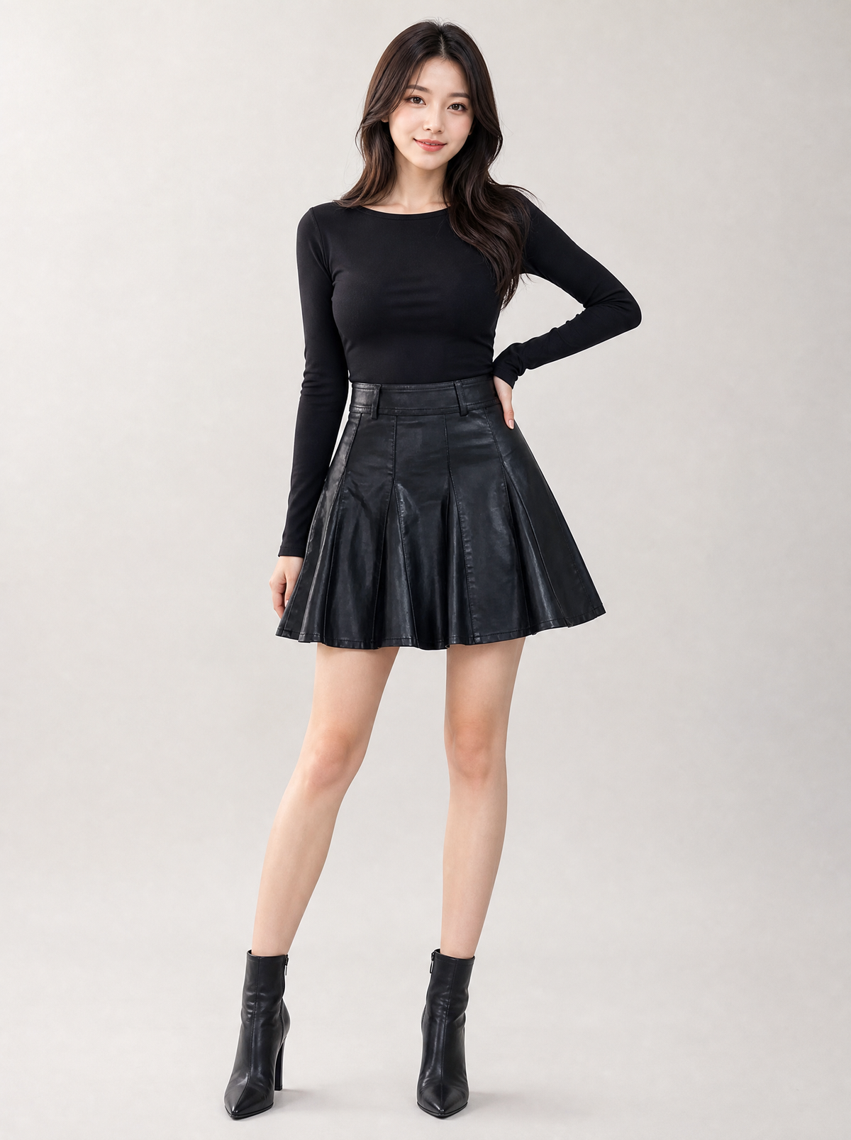 Worn by a Japanese female model: High Waist Pleated Leather Skirt