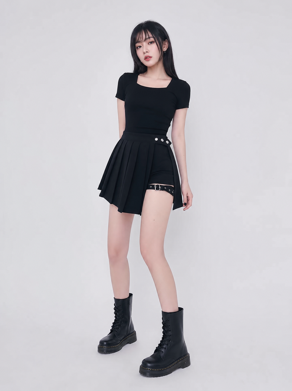 Worn by a Japanese female model: Pleated Gothic Mini Skirt