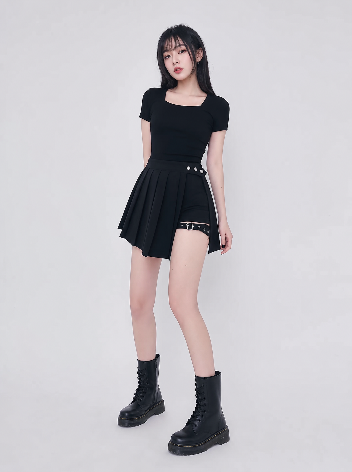 Worn by a Japanese female model: Pleated Gothic Mini Skirt