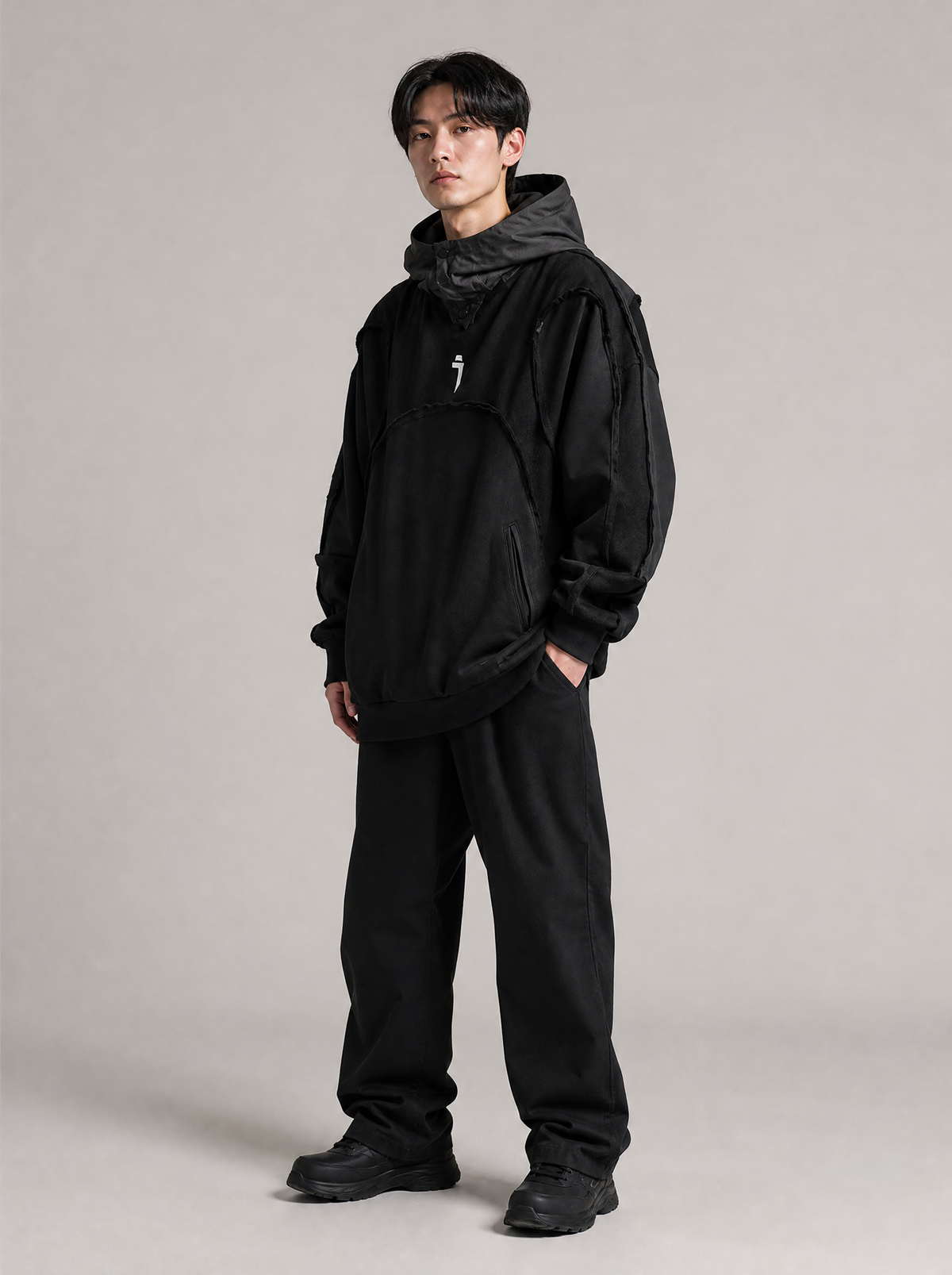 Worn by a Japanese male model: HiH56 Black NX Hoodie