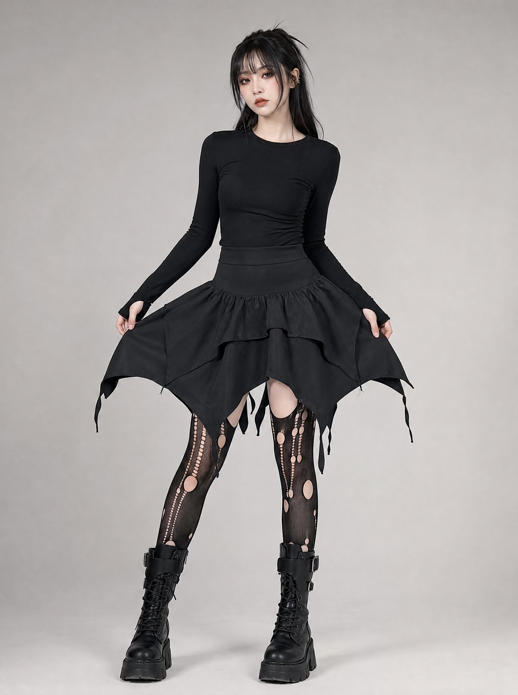Worn by a Japanese female model: Gothic Punk Ruffle Skirt