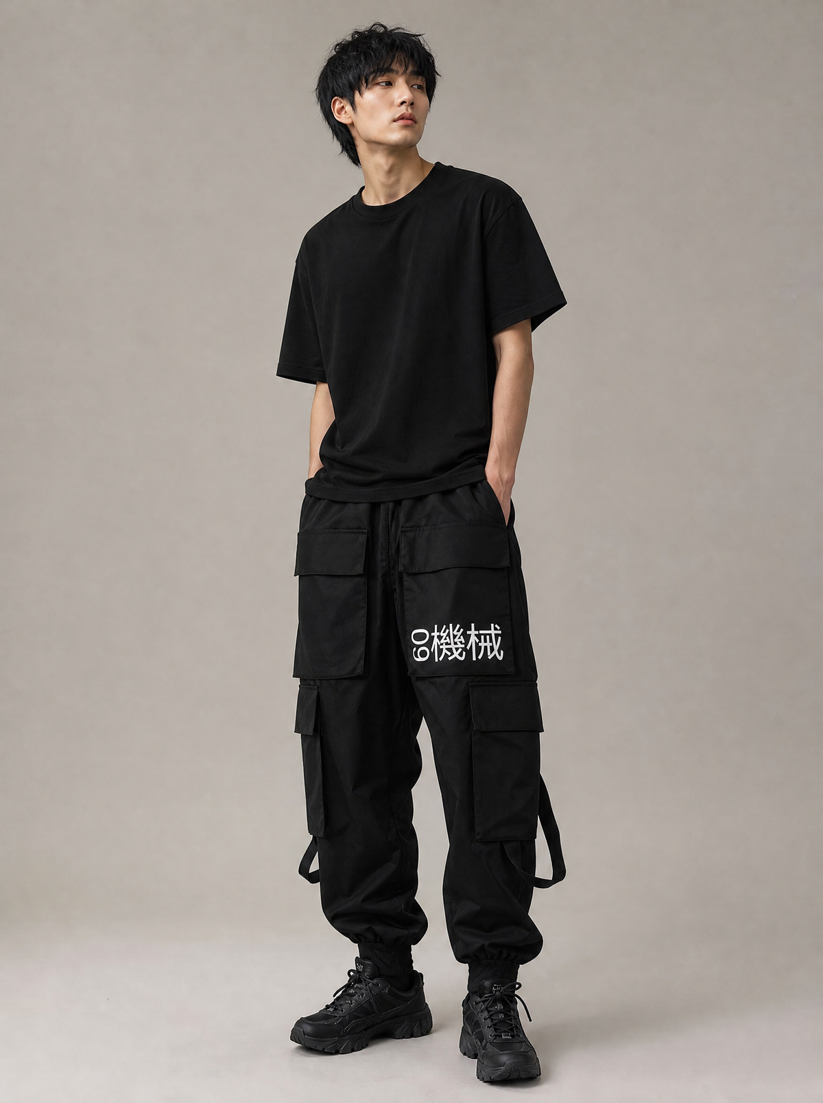 Worn by a Japanese male model: HiP5 Black 09 I-Tech Cargo Pants