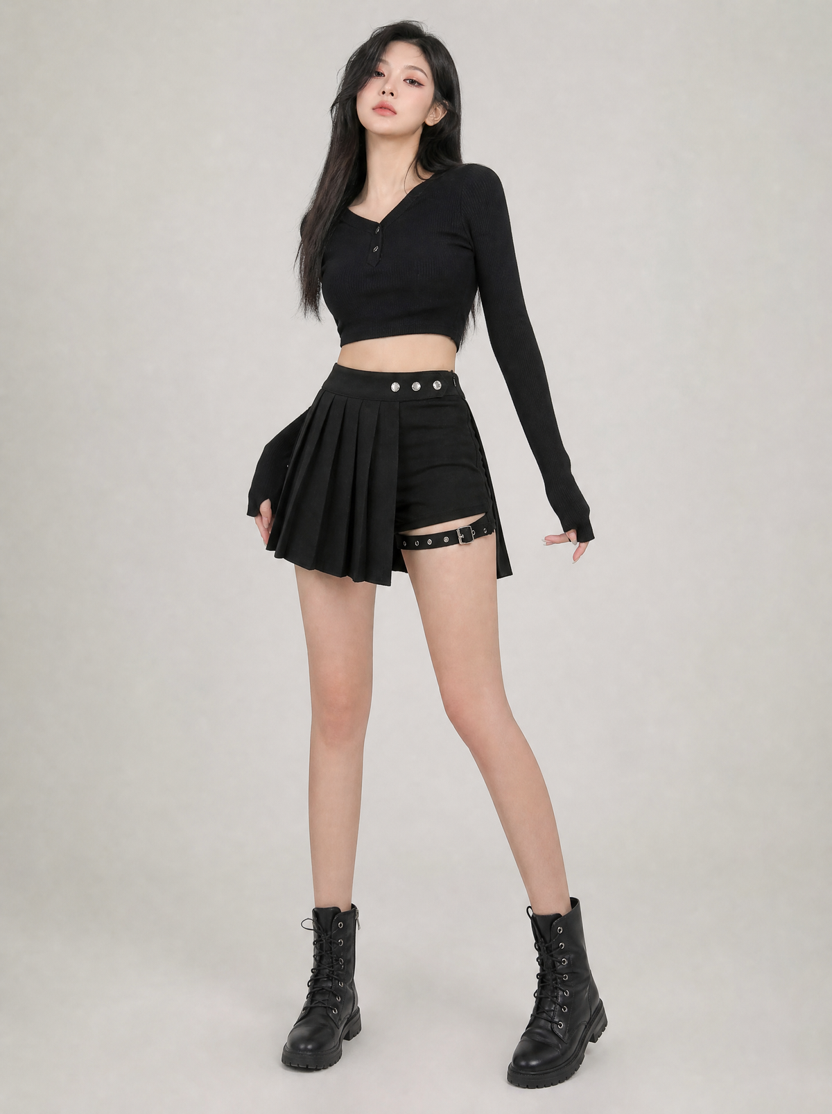 Worn by a Japanese female model: Gothic Punk Pleated Skort